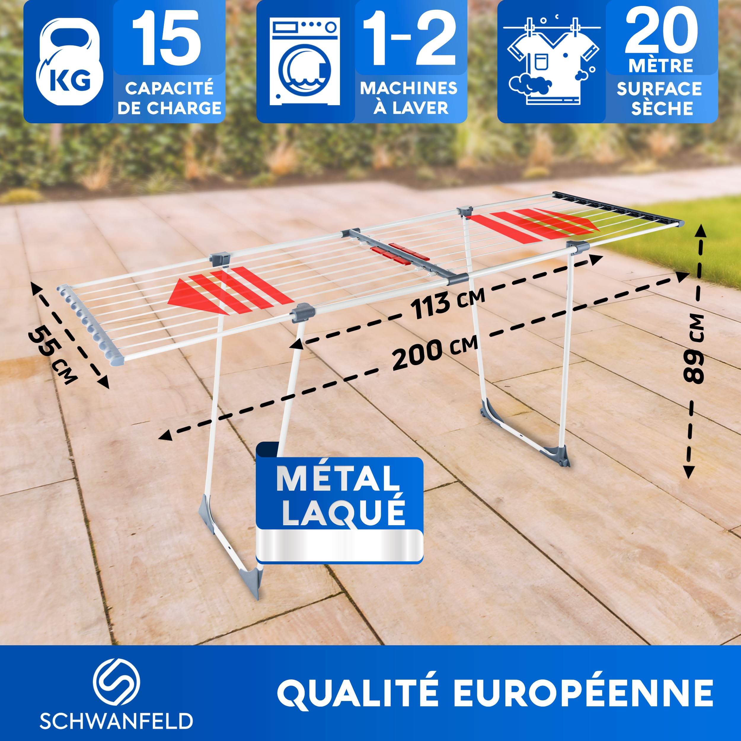 SCHWANFELD® sechoir a Linge Exterieur [20M Longueur DE SÉCHAGE] - etendoir Linge Interieur - tancarville Linge Solide XXL - séchoirs à Linge - étendoir à Linge - etandoire à Linge intérieur