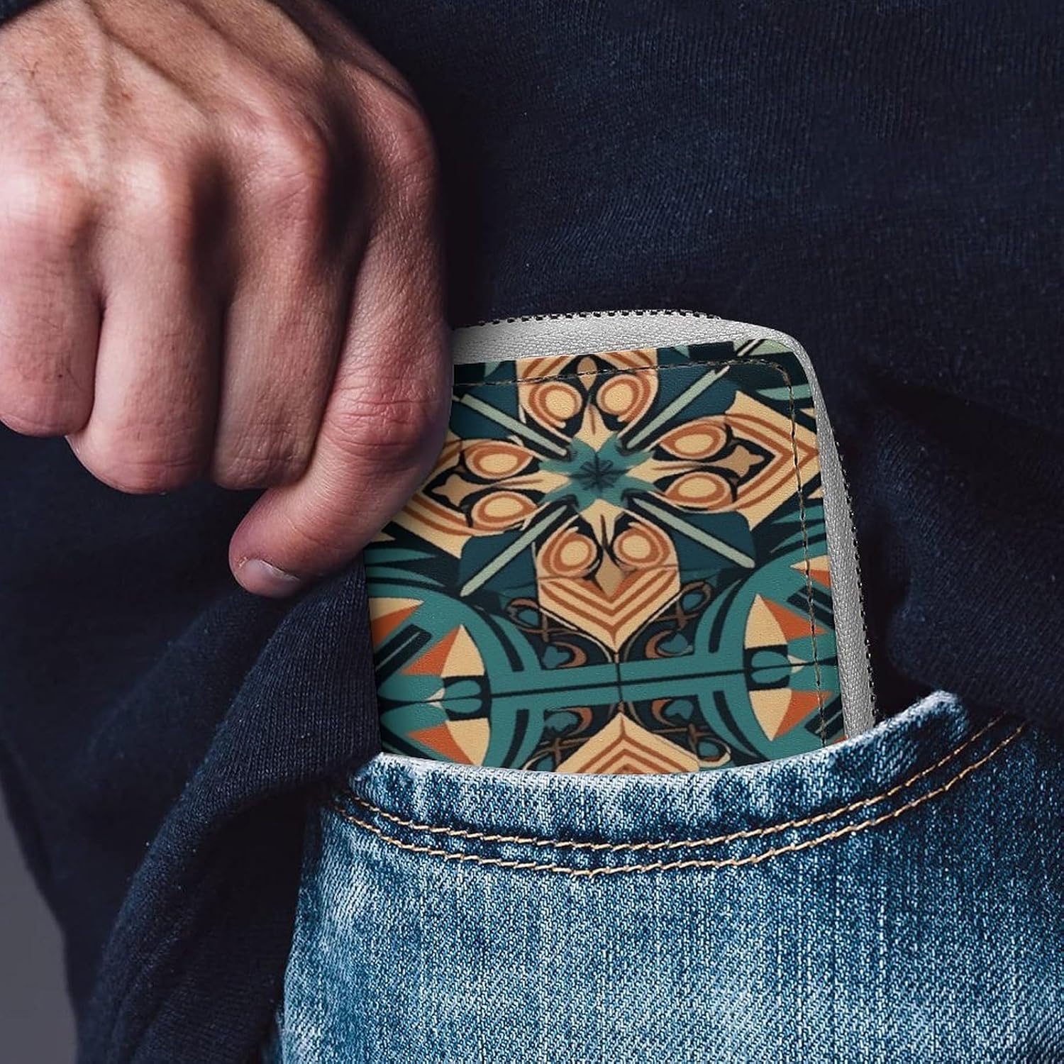 Leather Card Organizer Case Card Wallet Credit Card Holder Dark Orange Grid Printed Zipper Card Cases Holder for Women Men