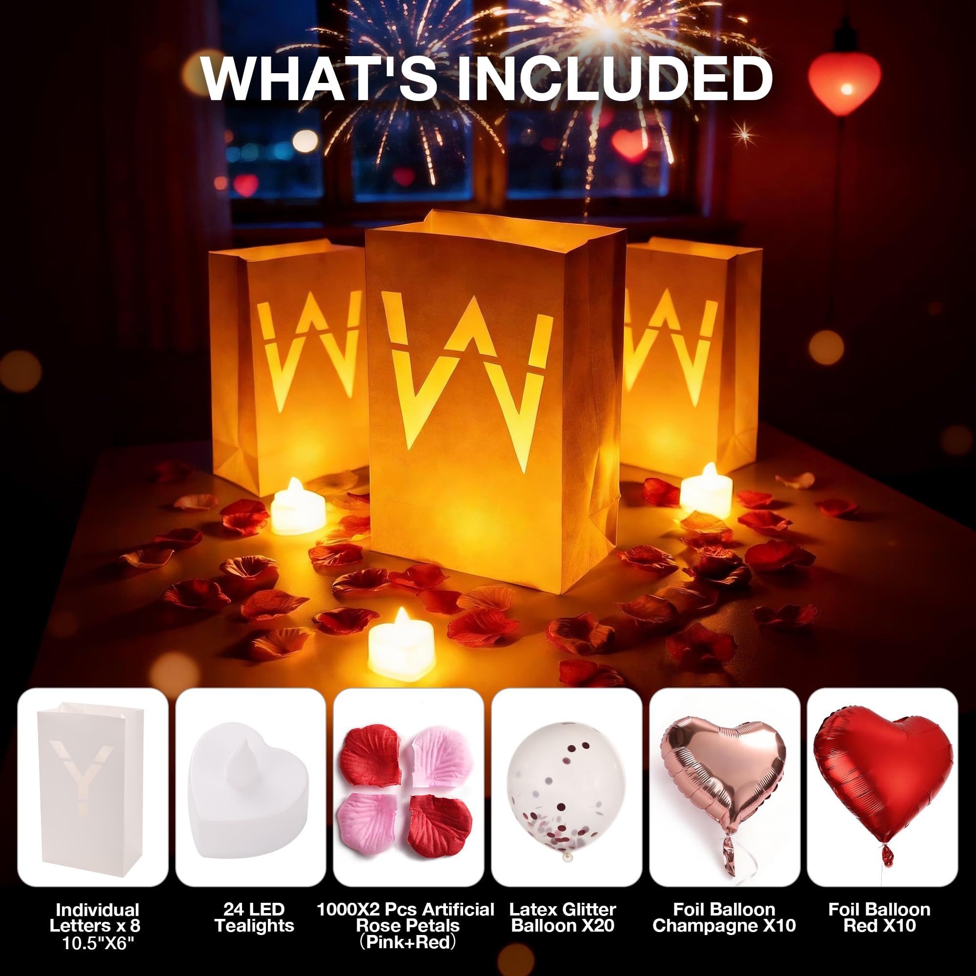 'I Love You' podświetlane litery torby oświetleniowe ze świecami na podgrzewacze, balony lateksowe, balony aluminiowe i płatki róż, oświadczyny, dekoracje rocznicowe i walentynkowe