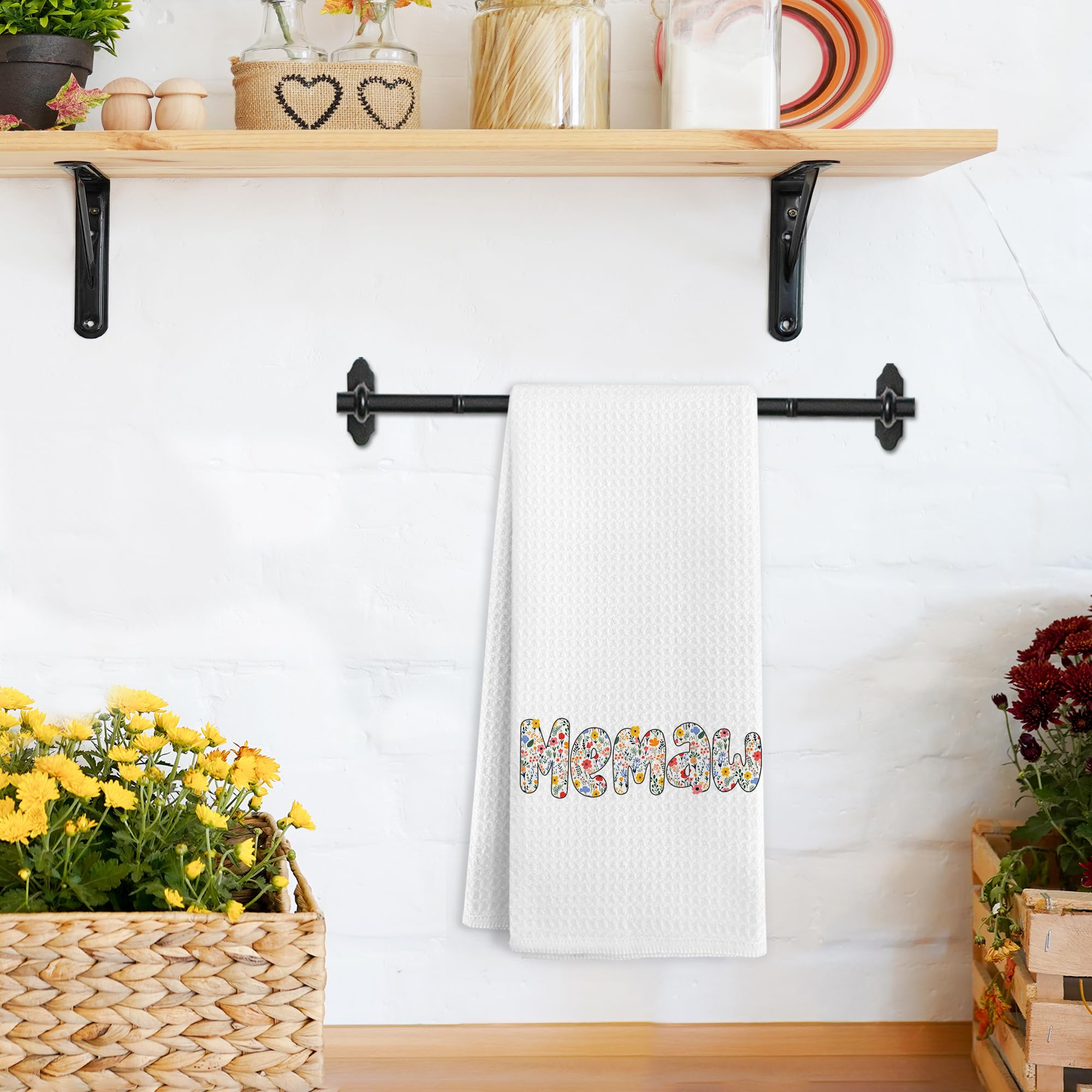 Memaw Gifts Kitchen Towels, Funky Memaw Gifts from Grandkids, Mothers Day Birthday Gift for Grandma, Wildflower Grandma Hand Dish Tea Towel for Kitchen Decor, 16x24 Inch