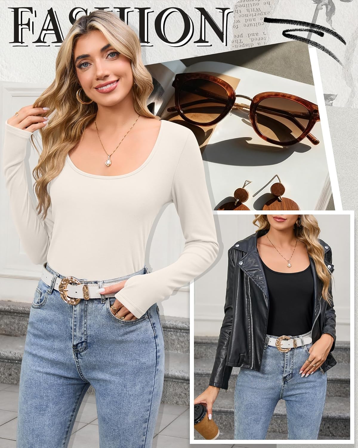 4 Pack Women's Thermal Long Sleeve Shirts Fleece Scoop Neck Tops Slim Fit Undershirt Basic Layer with Thumb Holes