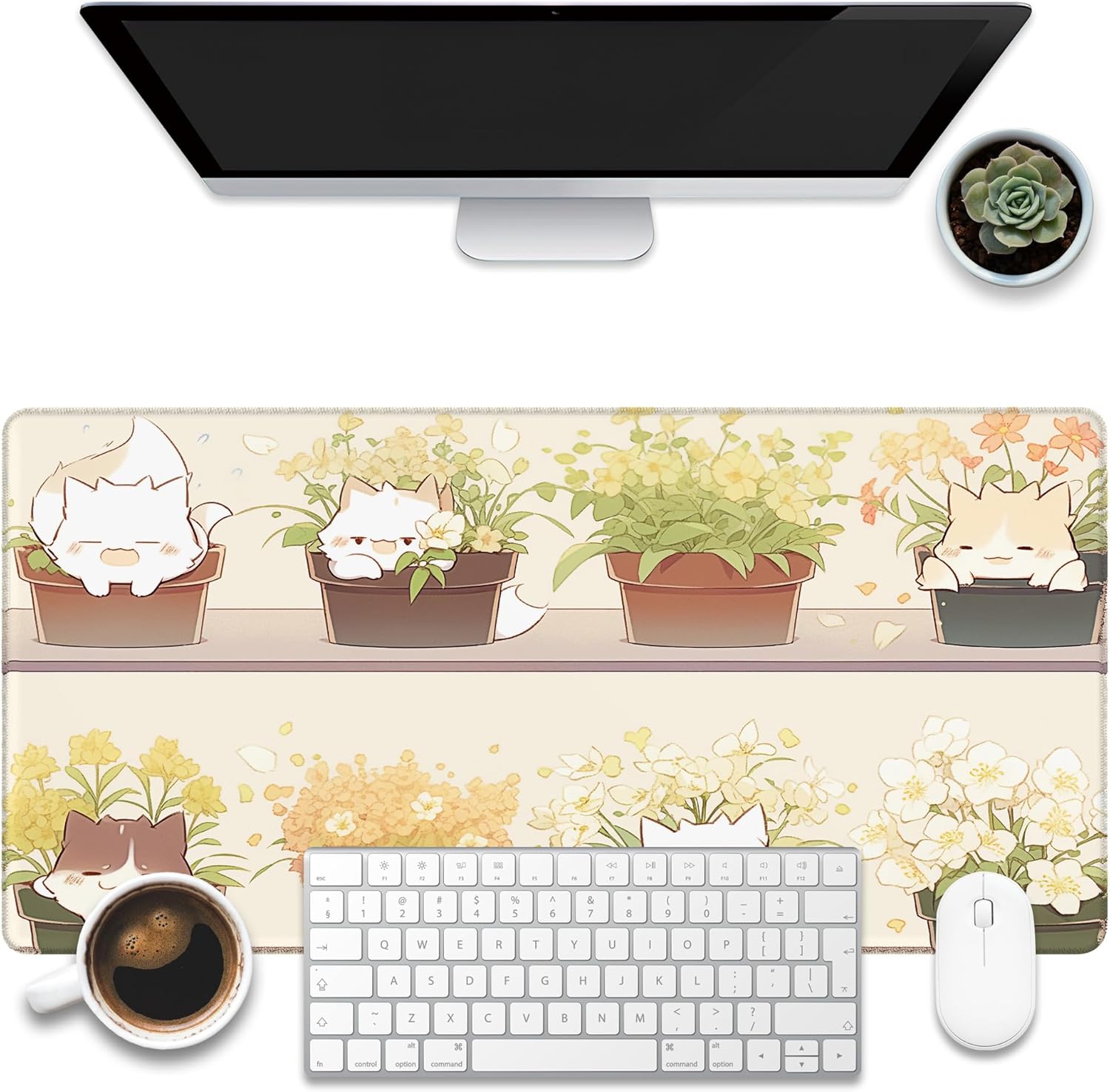 KOAIWPAE Desk Pad, Cute Cat Potted Plant Desk Mat, Anime Kawaii Cat Large Gaming Mouse Pad for Desk, 31.5"x15.7" Extended Big Computer Keyboard Mouse Pad with Non-Slip Base and Stitched Edge