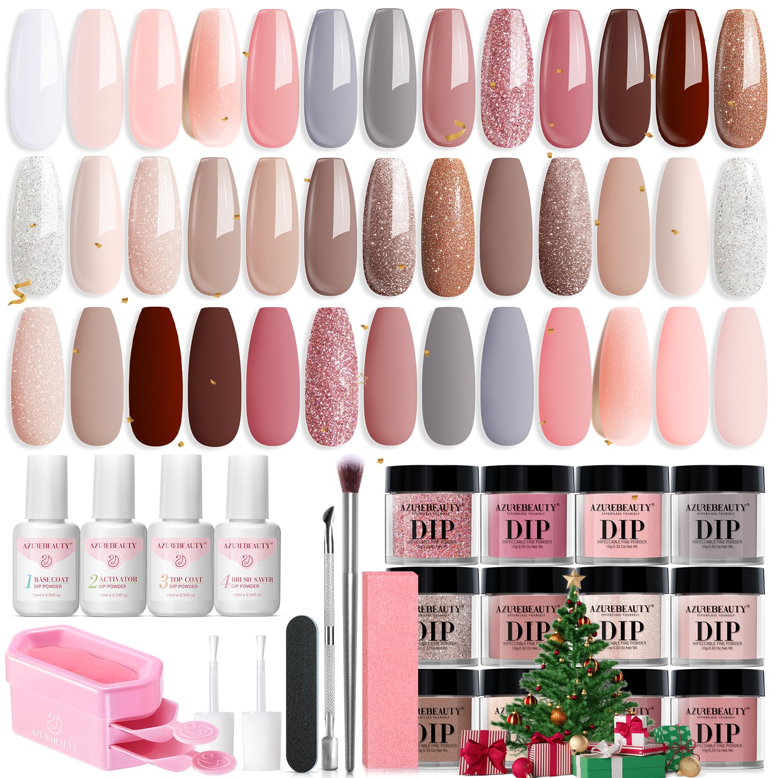 AZUREBEAUTY 31 Pcs Dip Powder Nail Kit 20 Colors Glitter Nude Brown Pink White Gray Dip Powder Liquid Set with Top/Base Coat Activator for French Nails Art Manicure DIY Salon Women Valentine's Gift