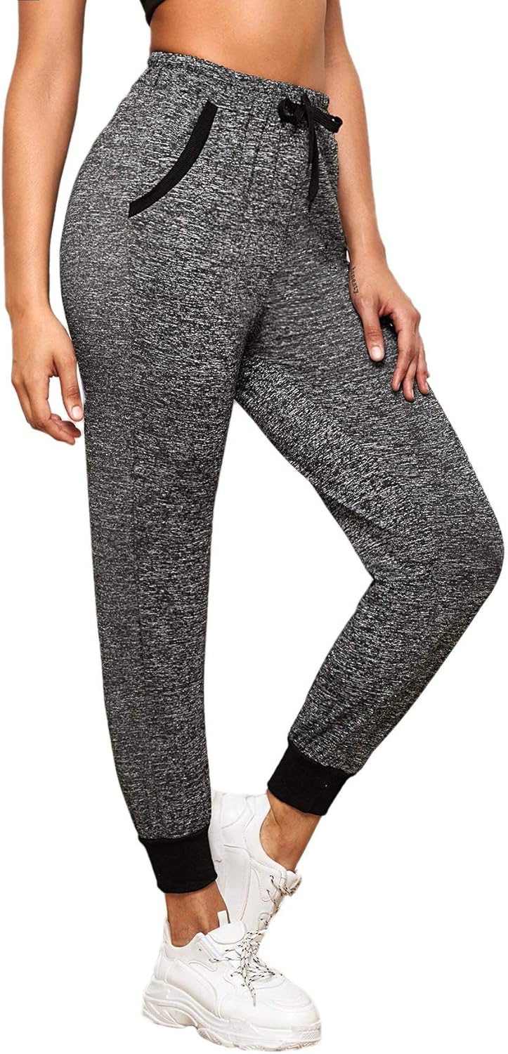 SweatyRocks Women's Causal Drawstring Waist Yoga Active Workout Long Pant with Pocket Black White S
