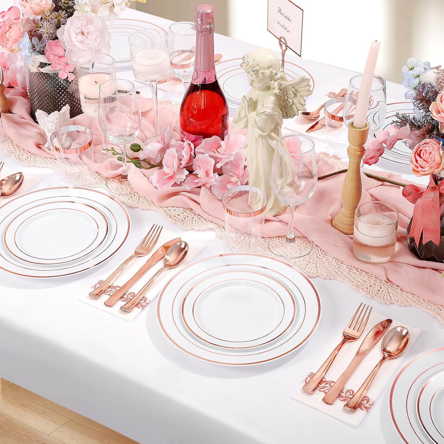 Supernal 200pcs Rose Gold Plastic Dinnerware included Disposable Flatware& Plastic Party Plates Disaposable Cups and Napkins,Perfect for Valentine's Day Mother's Day and Easter - Image 2