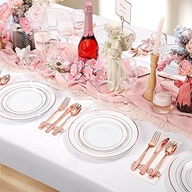 Supernal 200pcs Rose Gold Plastic Dinnerware included Disposable Flatware& Plastic Party Plates Disaposable Cups and Napkins,Perfect for Party,Birthday and Wedding