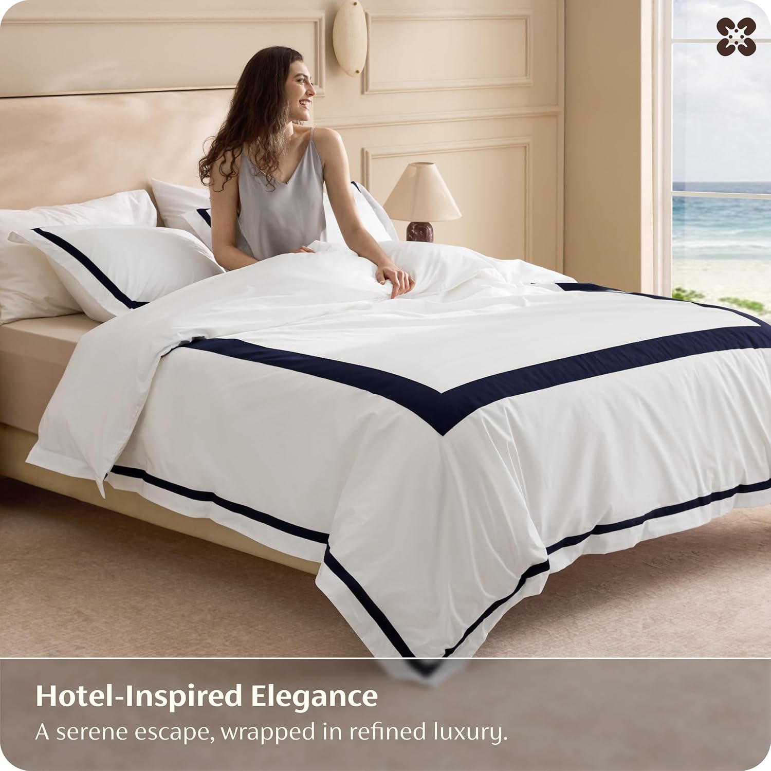 Bedsure 100% Cotton Percale Duvet Cover King, Luxury Hotel Duvet Cover, White Comforter Cover with Navy Blue Frame, PureWoven Breathable & Lightweight Bedding Set for All Season, 3 Piece, 104"x90"