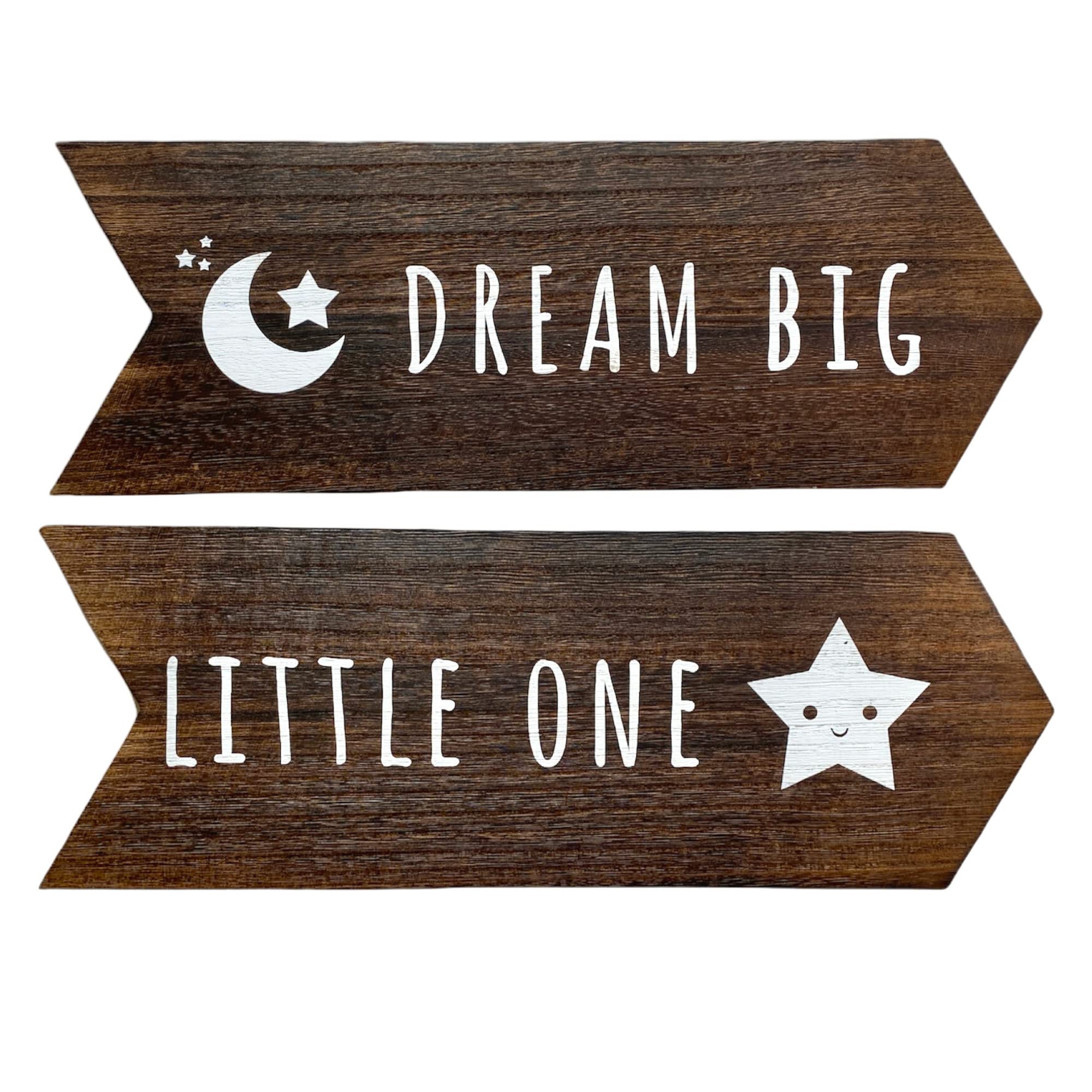 Nursery Wall Decor - 2 Pcs Dream Big Little One Sign, Moon Star Boy Girl Nursery Room Decor, Rustic Wooden Arrow Playroom Sign - Gender Neutral Woodland Decor, 14 X 5 inch, Brown