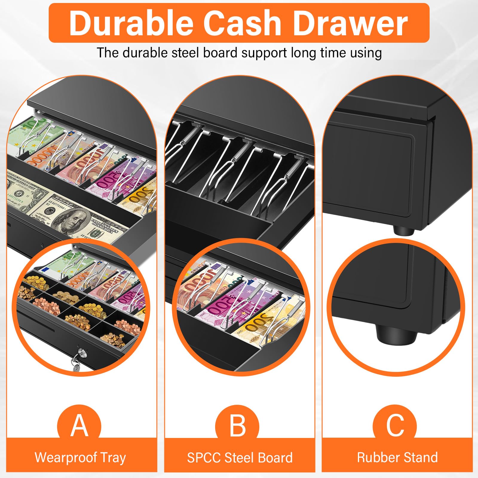Cajón registrador, caja de efectivo portátil POS con 8 bandejas para billetes y ranuras ajustables para monedas, caja de seguridad para sistema de punto de venta (POS) para pequeñas empresas