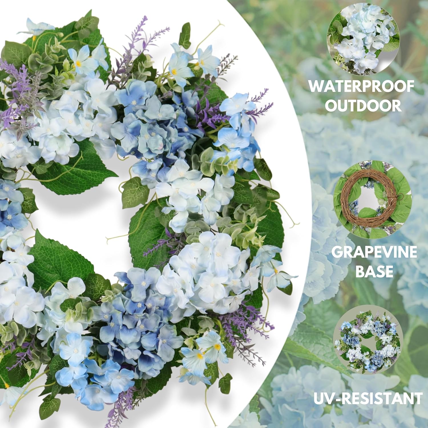 Spring Wreath Artificial Hydrangea Eucalyptus 20IN with Lavender, Light Blue White Green, Spring Easter Summer Front Door Wall Décor - Image 5