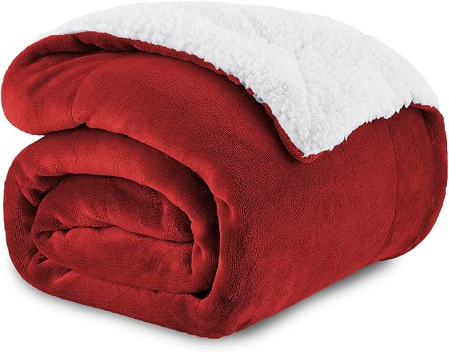 Double Red Sherpa Fleece Blanket, Microfiber, Thick Blanket, Fluffy Blanket, Blanket For Bed, Throws For Sofas, Reversible Soft, Thick, Luxurious, Winter Blanket
