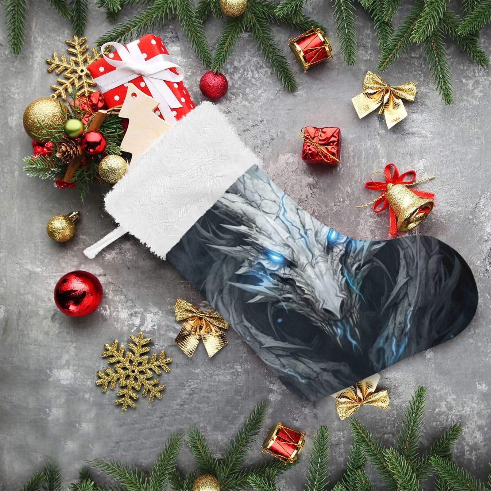 Blaue Augen Drache Weihnachtsstrümpfe, 45 cm großer Weihnachtsstrumpf Kamin hängende Strümpfe Dekor – 1 Packung