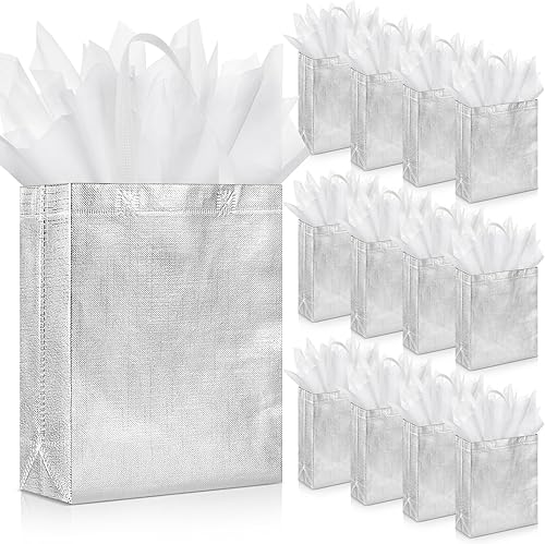 Sweetude 50 bolsas de regalo reutilizables con asas, bolsas de regalo de comestibles con papel de seda, bolsas de compras con purpurina para regalo