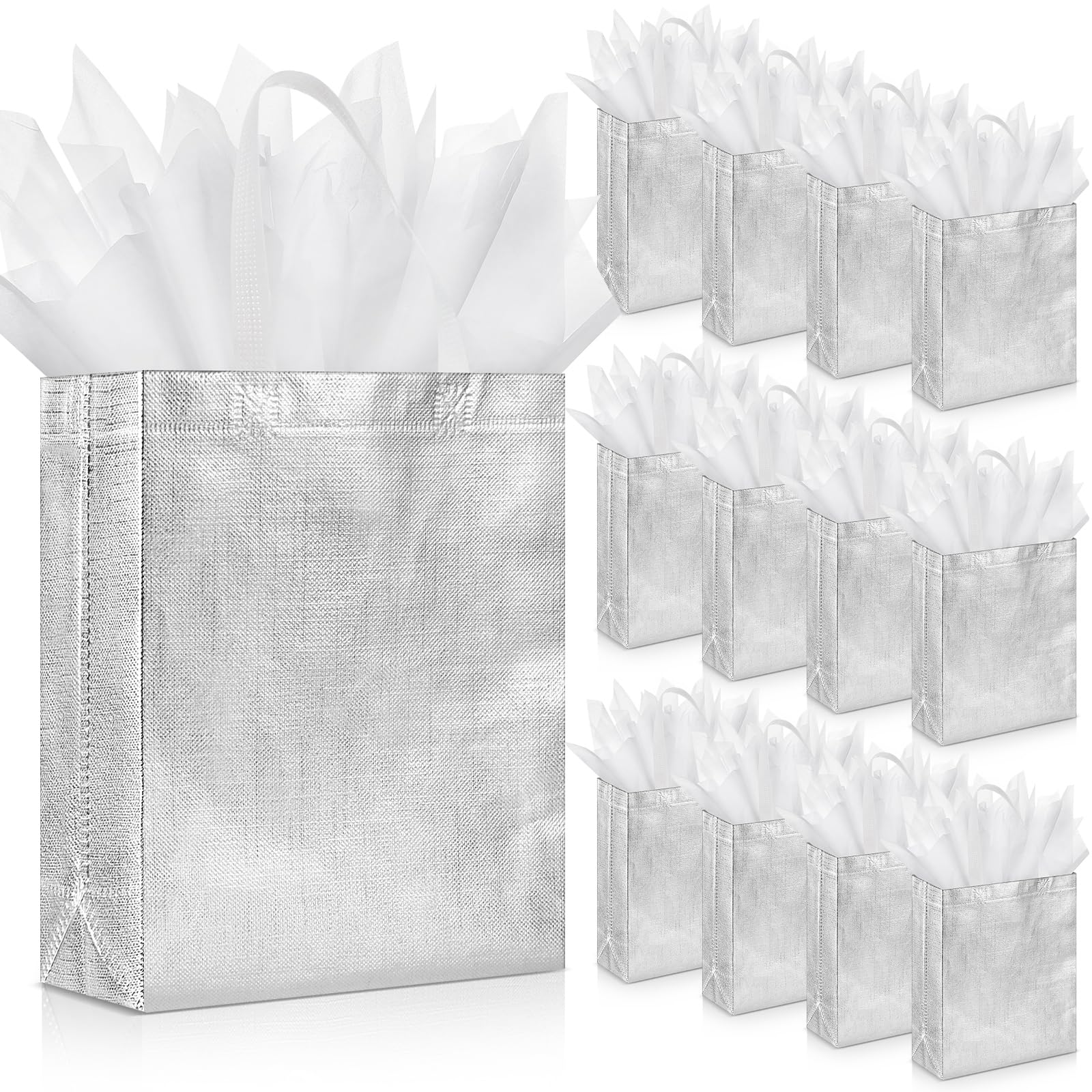 Sweetude 50 Pcs Reusable Gift Bags with Handles Grocery Gift Bags with Tissue Paper Glitter Shopping Bags for Present Birthday Wedding Party(Silver, 8