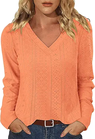 KISSMODA Long Sleeve Fall Shirts For Women V Neck Tunic Tops Embroidered Button Down Knitted Blouses 2025