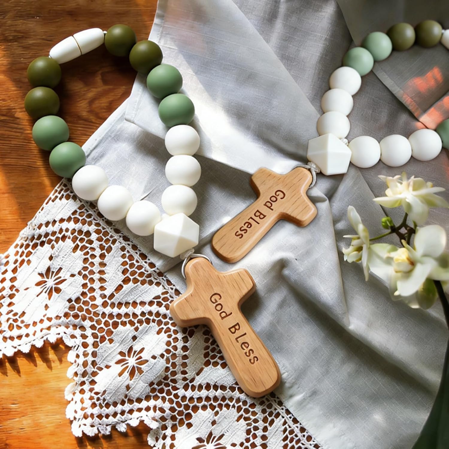12 Pcs Baptism Rosary Beads with Wood Cross, Catholic Silicone Baby Rosary Bulk with White Mesh Bags Cards, Baptism First Communion Christian Party Favors