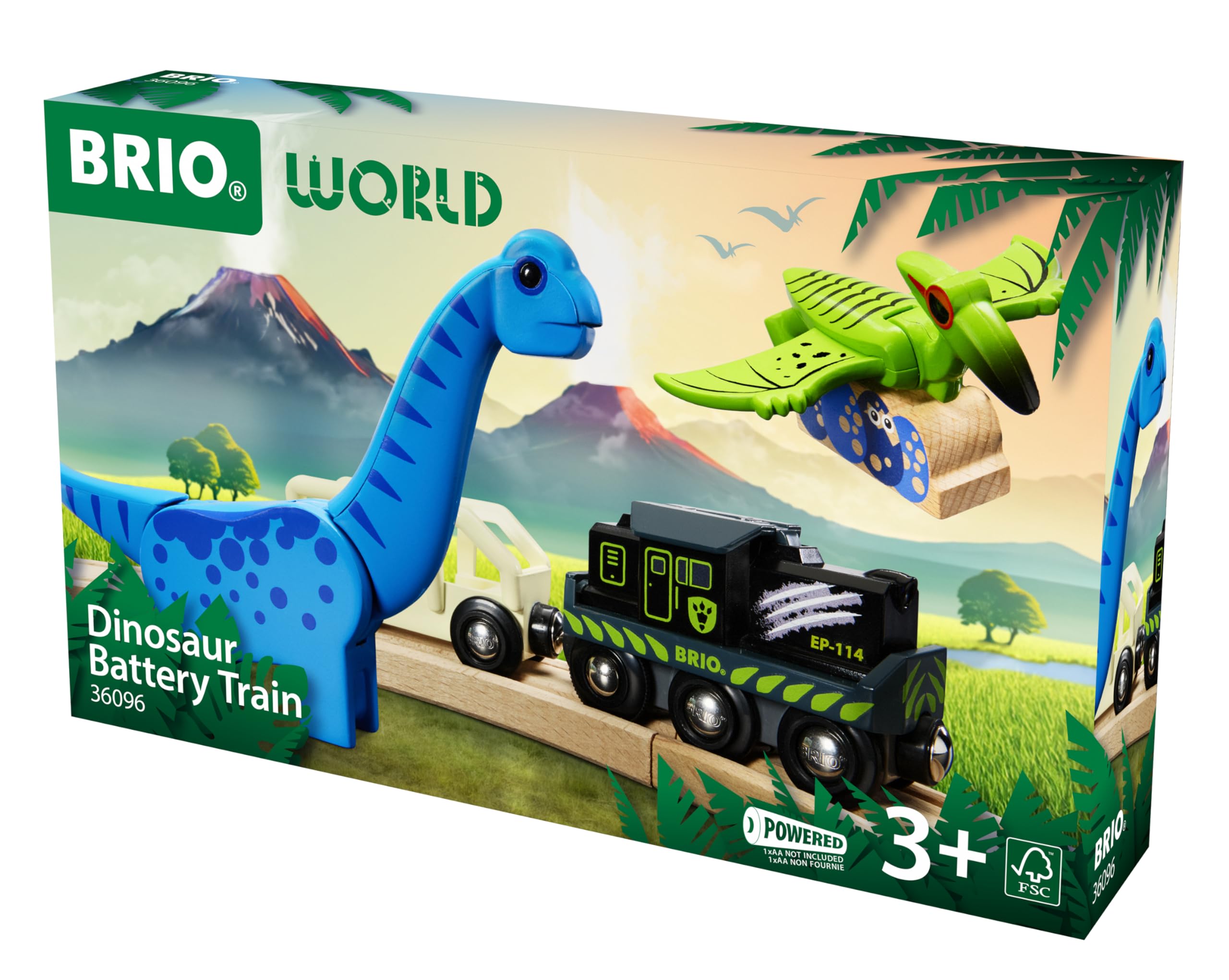 BRIO World - 36096 - Train à Piles Dinosaure - Train électrique - Dinosaure Inclus - pour Circuit de Train en Bois - Jouet Mixte à partir de 3 Ans