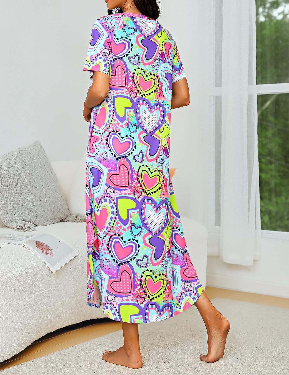 Marvmys Women Short Sleeves Long Nightgown Super Soft Sleepwear Comfy V Neck Cotton Nightshirts with Pocket - Image 3