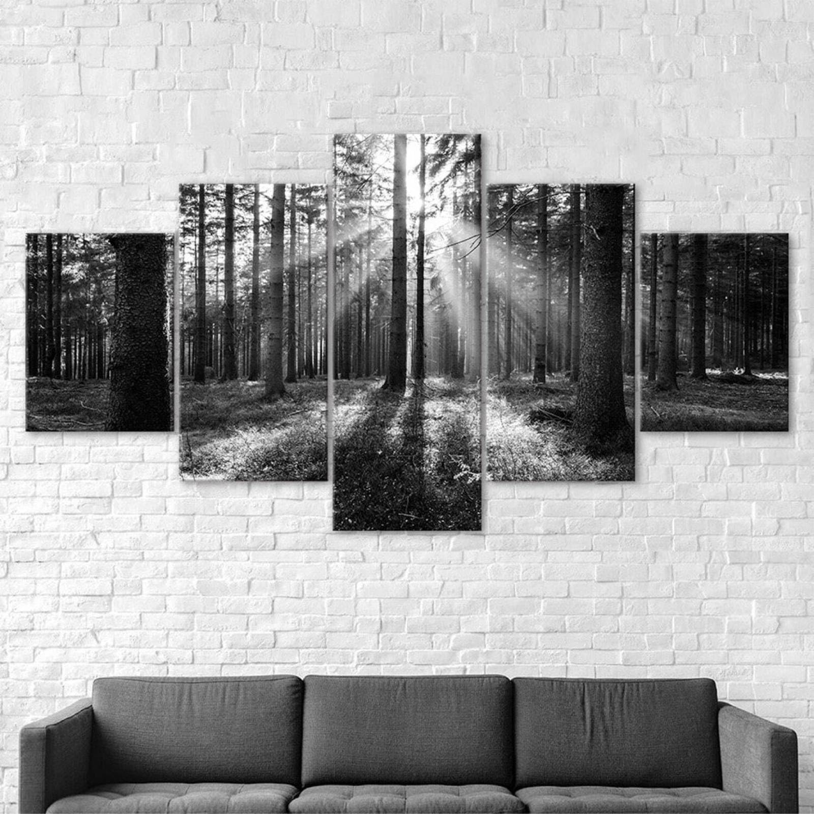 5 piezas de lienzo de arte de pared,5 piezas lienzo Escena de rayos de sol de árboles de bosque en blanco y negro,5 piezas cuadro lienzo,Cuadros Decoracion Salon 5 Piezas Cuadro sobre Lienzo 150x80cm