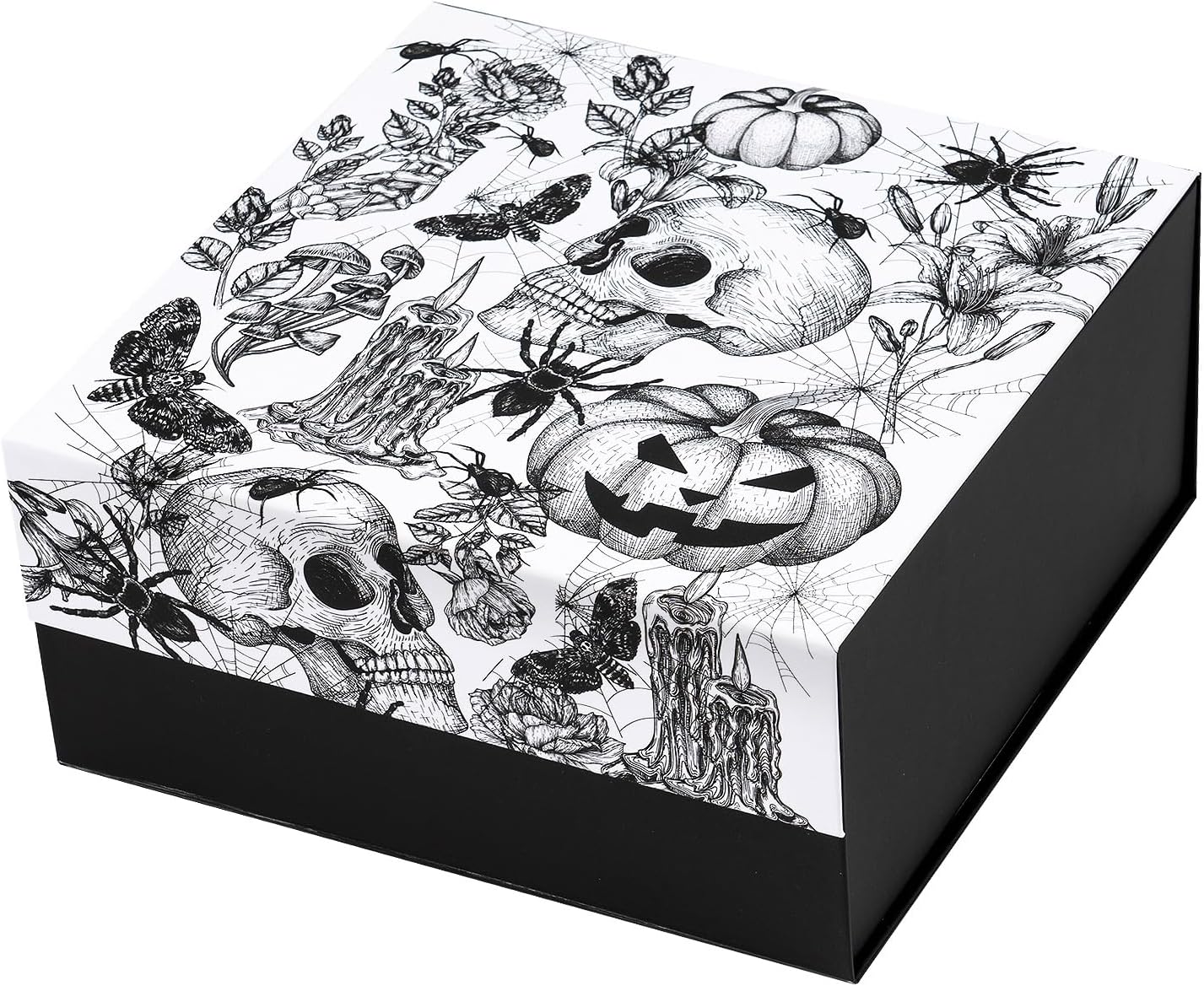 RUSPEPA Halloween Skull Gift Box with Magnetic Closure Lid, Vintage Gothic Skull & Pumpkin Black White Design Reusable Decorative Box for Halloween Packaging, Party Favor, Holiday, 8x8x4 Inch, 1 Pcs