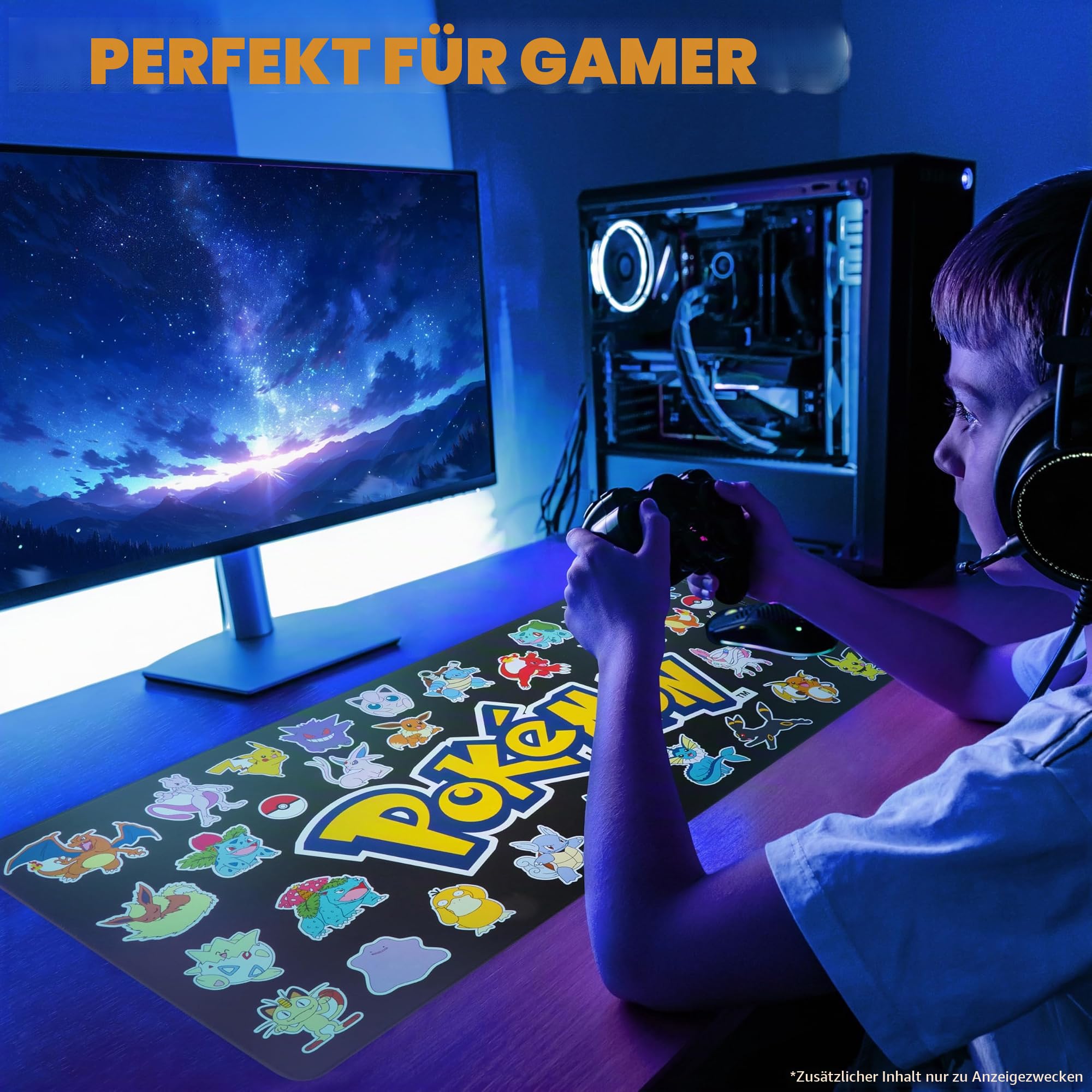 Pokemon Mauspad XXL 80x35 cm Schreibtischunterlage Groß Cooles Pikachu Mousepad Gaming rutschfest Schreibtisch Unterlage PC Gamer Mouse Pad (Schwarz)