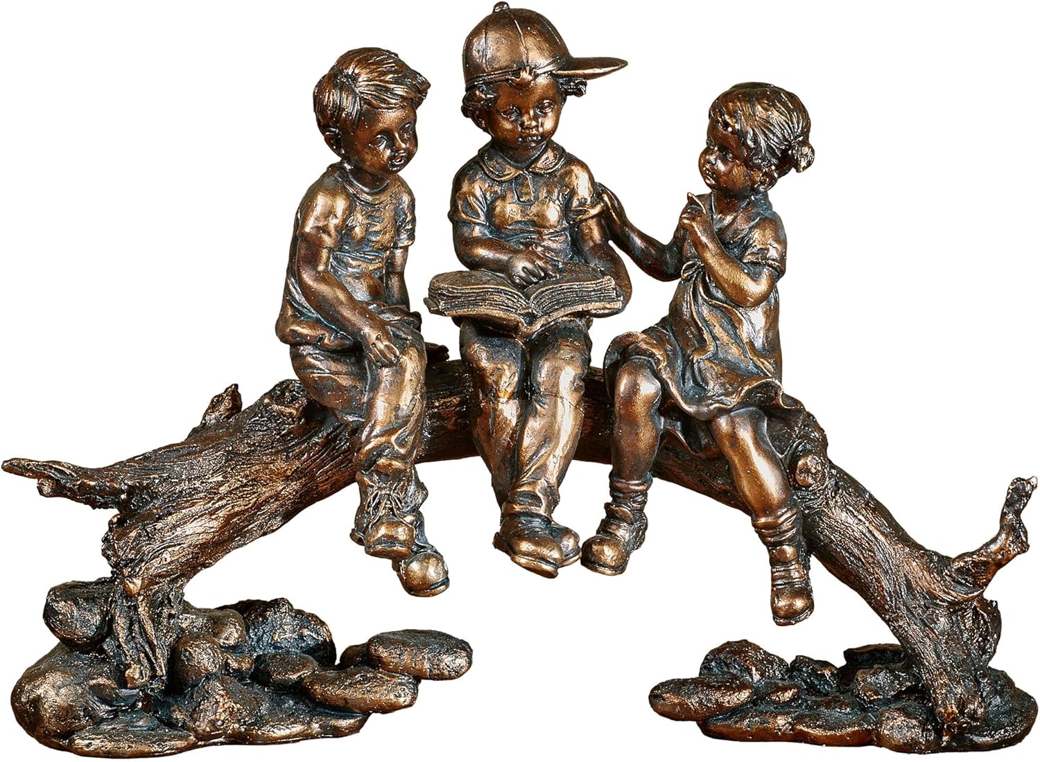 Golden Bronze Children on Log Figurine for Office