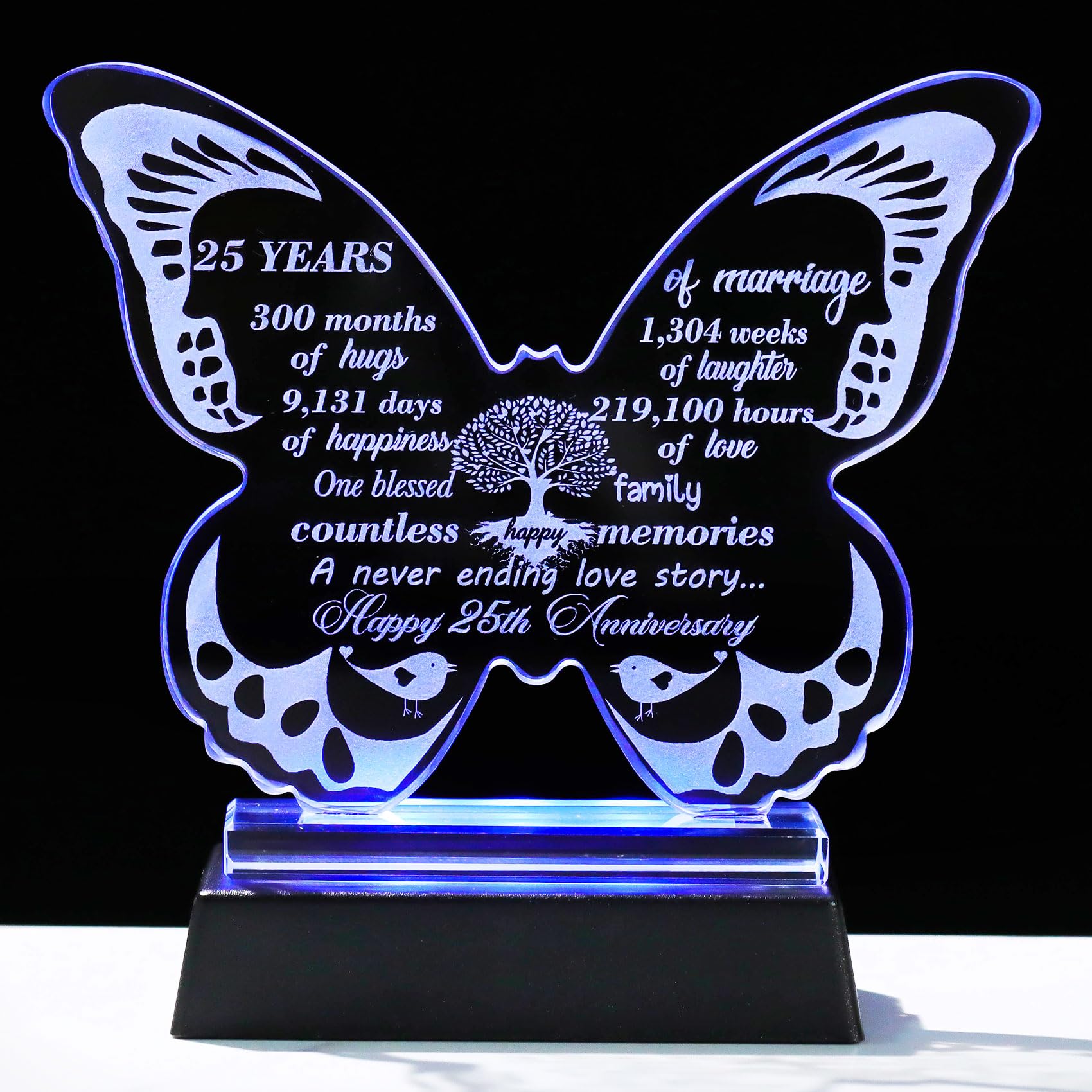 Ornalrist 25th Wedding Anniversary Romantic Gifts for Couples 13.6cm Crystal Butterfly 25th Anniversary Keepsake with LED Base 25 Years Marriage Silver Wedding Presents for Wife Husband Friends