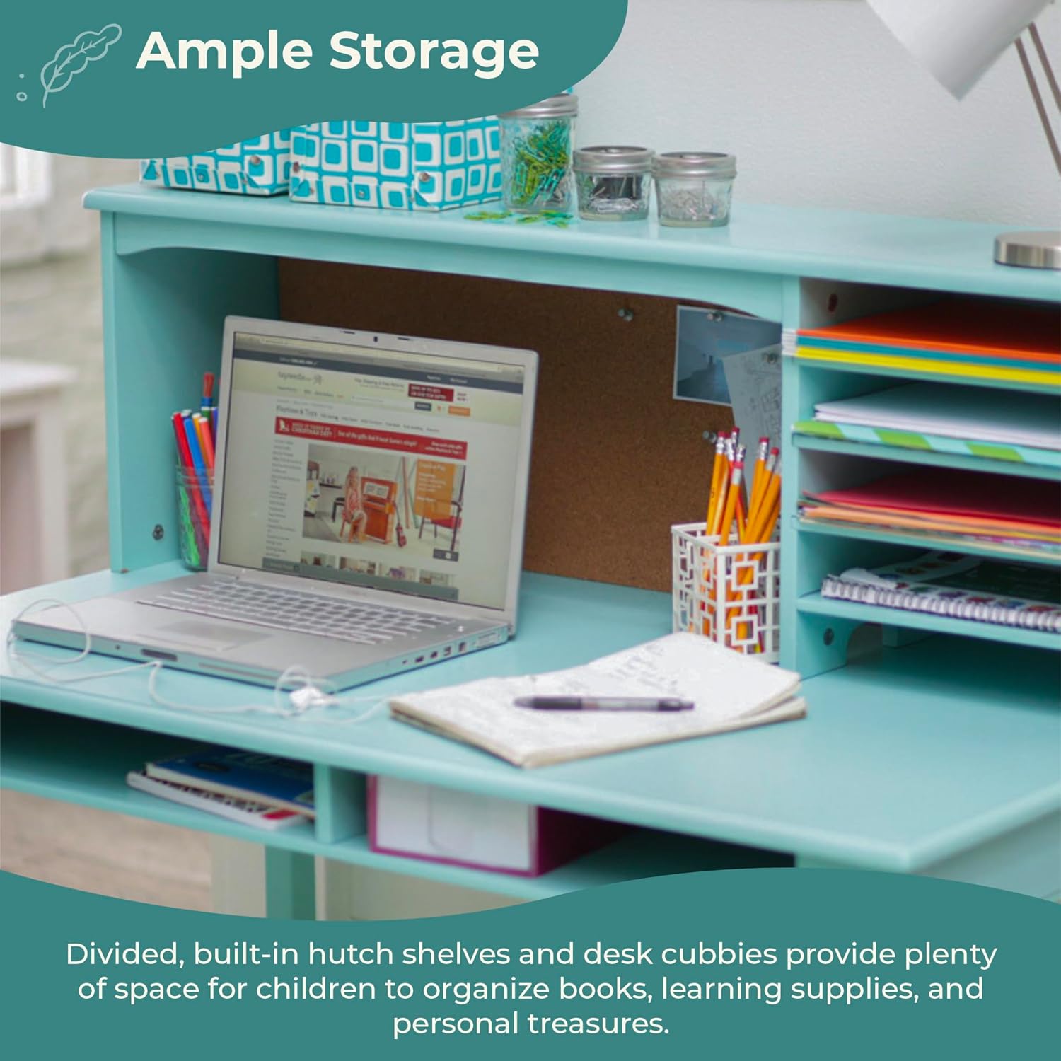 Guidecraft Kids Media Desk, Hutch and Chair Set - Teal: Student's Study Desk With Storage, Computer Workstation | Wooden Bedroom Furniture Set