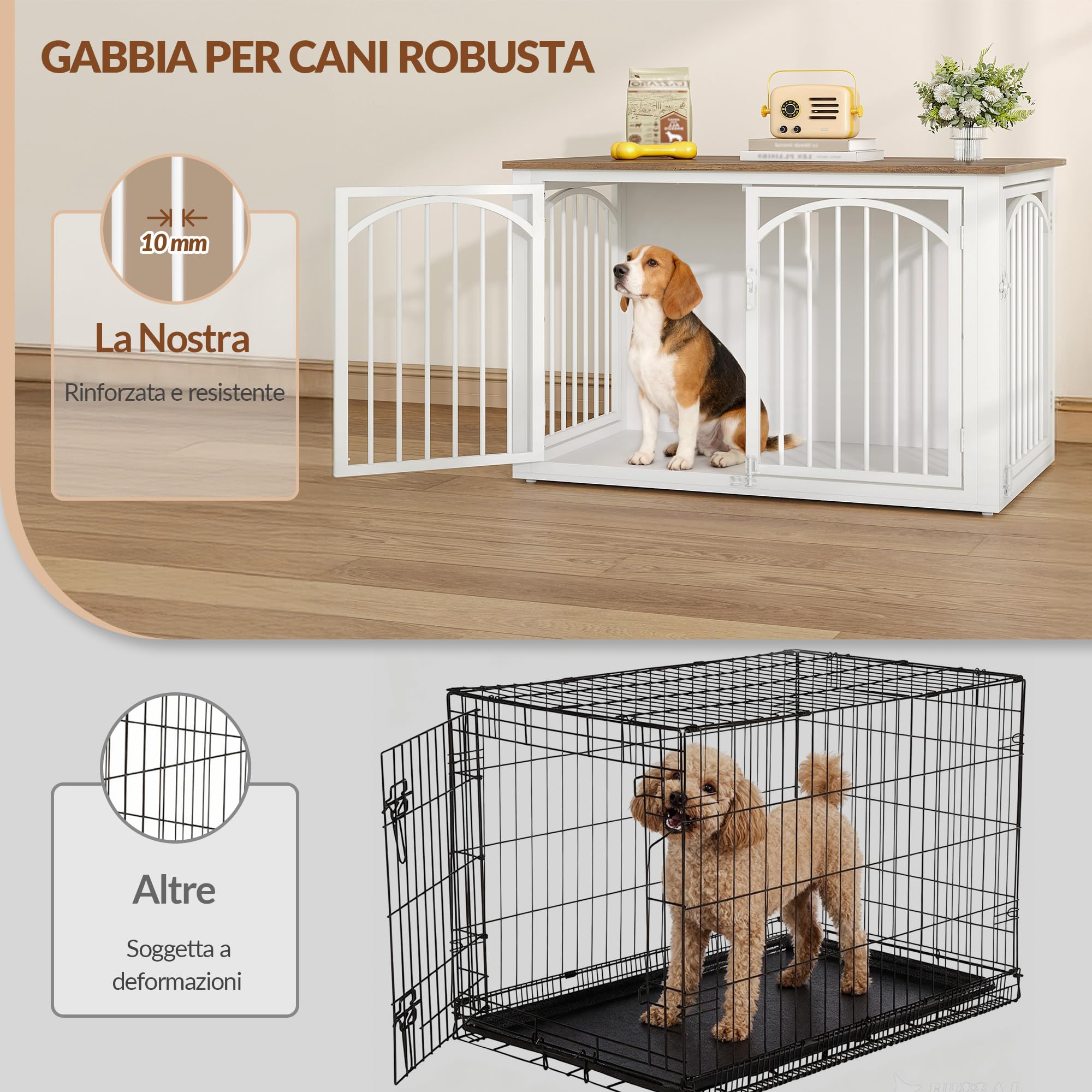 Jaula para Perros, 100cm Jaula Mueble para Perro con 4 Puertas, Casa Madera Perro, Mesa Auxiliar, Casa Interior Perros, Perros Pequeños y Medianos, 100 x 60 x 63 cm, Marrón y Bianco