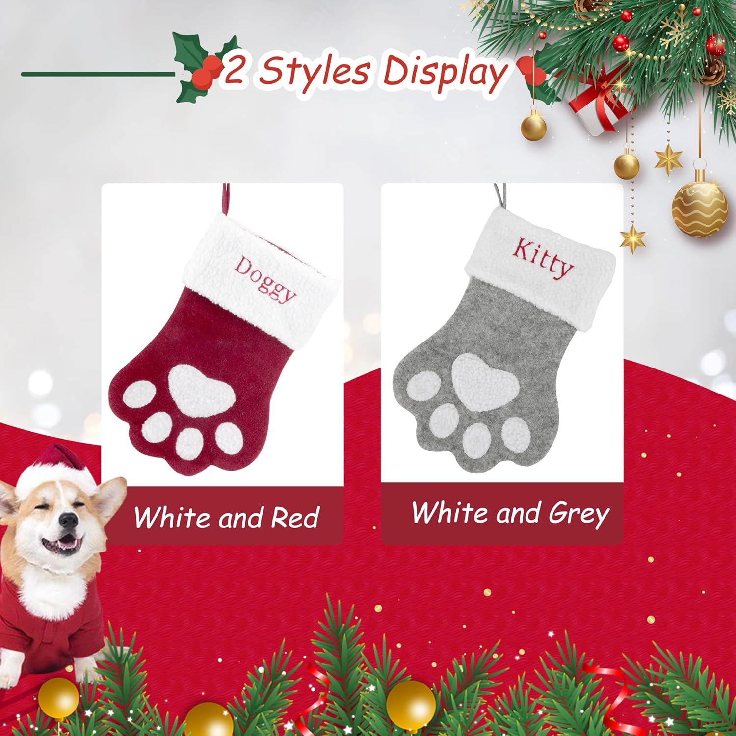 Custom Pet Christmas Stocking: Large Personalized Embroidered Name Stocking for Dogs Cats Pets, Paw Shape Xmas Stocking Fireplace Hanging Stockings Family Holiday Stockings (3 pcs)
