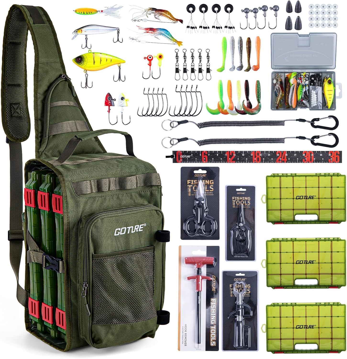 Goture Angeltasche mit 3 Köderboxen, Angelausrüstung, Wasserdicht Crossbody | Aus robustem 900D Oxford, mehrere Taschen, einstellbarer Riemen, geeignet für Wandern, Camping, Reisen
