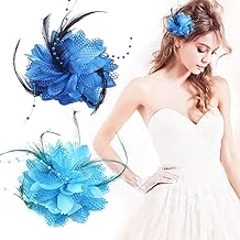 TSHAOUN Lot de 2 pinces à cheveux en maille avec plumes et fleurs Bleu cobalt Pour filles et femmes (bleu)