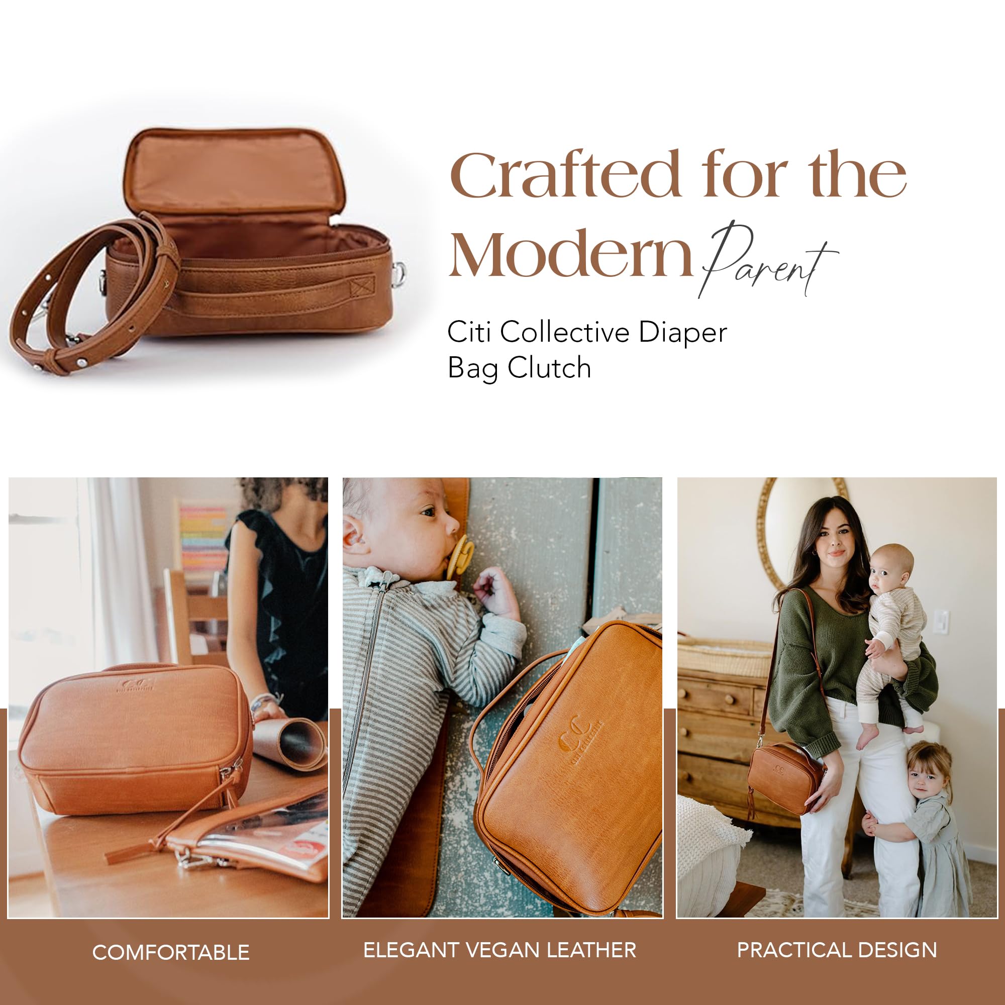 Citi Collective Wickeltasche Clutch – stilvolle und umweltfreundliche vegane Lederlösung für Eltern unterwegs, Vintage Tan