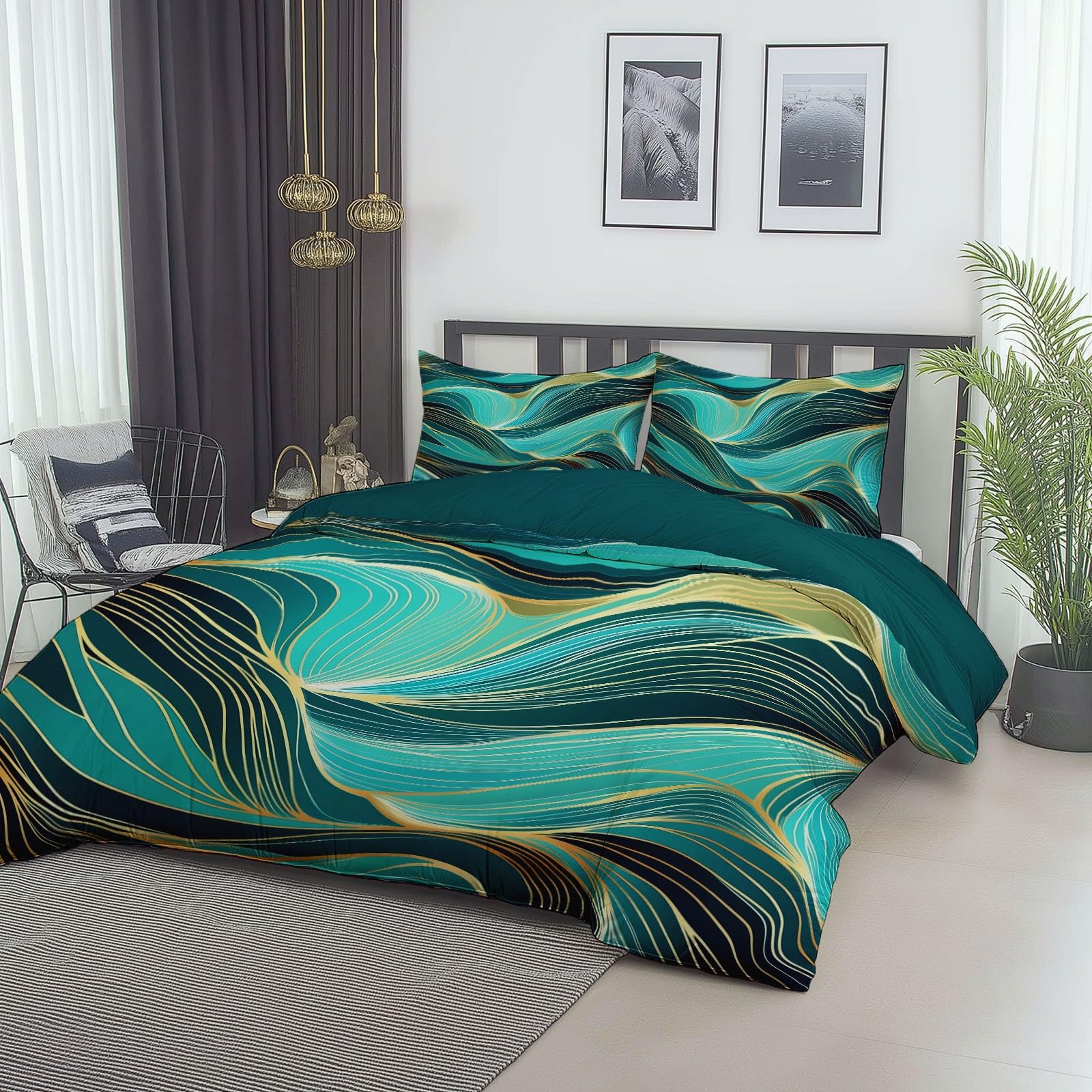 Poszwa na kołdrę 240x260 cm z mikrofibry, zestaw pościeli z abstrakcyjnymi falowanymi liniami z 2 poszewkami na poduszki z nadrukiem turkusowym dwustronna poszwa na kołdrę na 4 pory roku