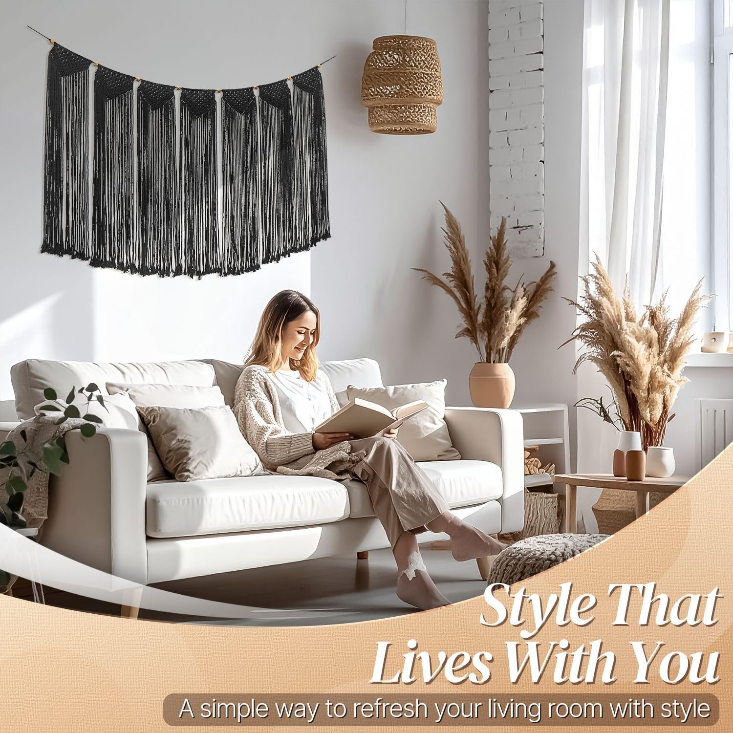 Flexzion Macrame Wall Decor Hanging Boho Hand Woven Tapestry Art Bunting Banner Bohemian Wall Decor for Home Bedroom Living Room Rustic Hippie Garland Baby Nursery, 47 Inch Black Cotton Curtain