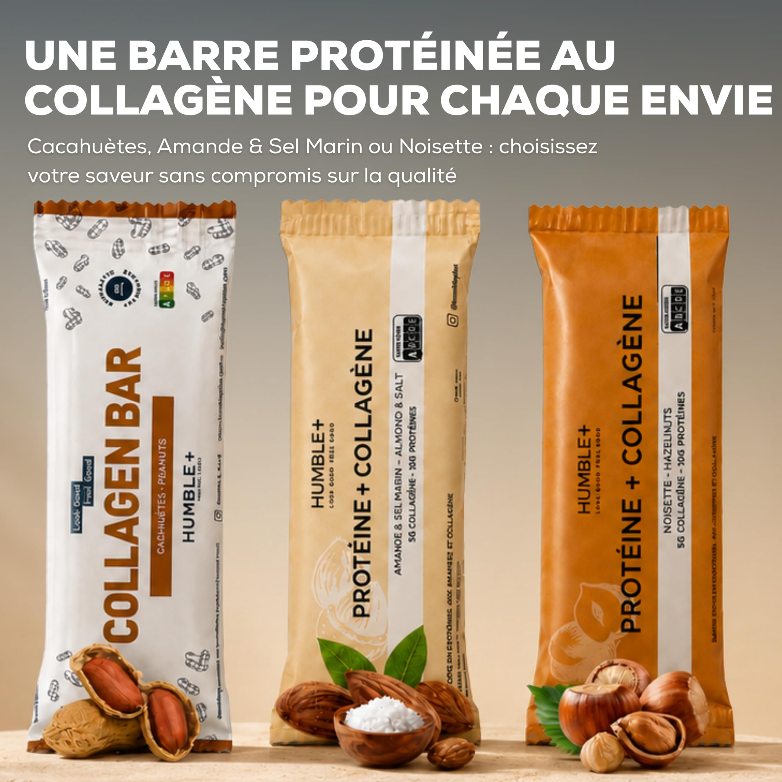 Barres Proteinées au Collagène (5g) et Protéines (12g) - Goût Amandes - Pack de 12 barres x 46g - Riche en Fibres, Sans sucre ajouté, Sans gluten, Sans huile de palme - Humble+