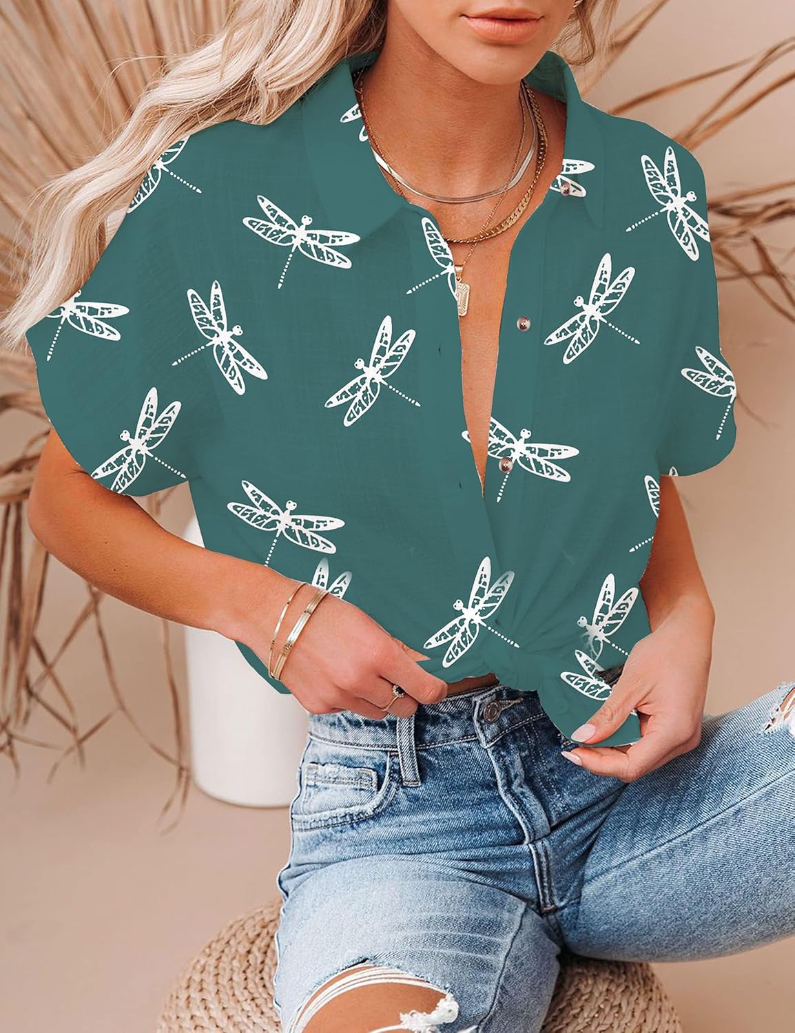 Short Sleeve Floral Tops for Women Summer Flower Printed V Neck Tshirts Button Down Tops Dressy Casual - Image 3