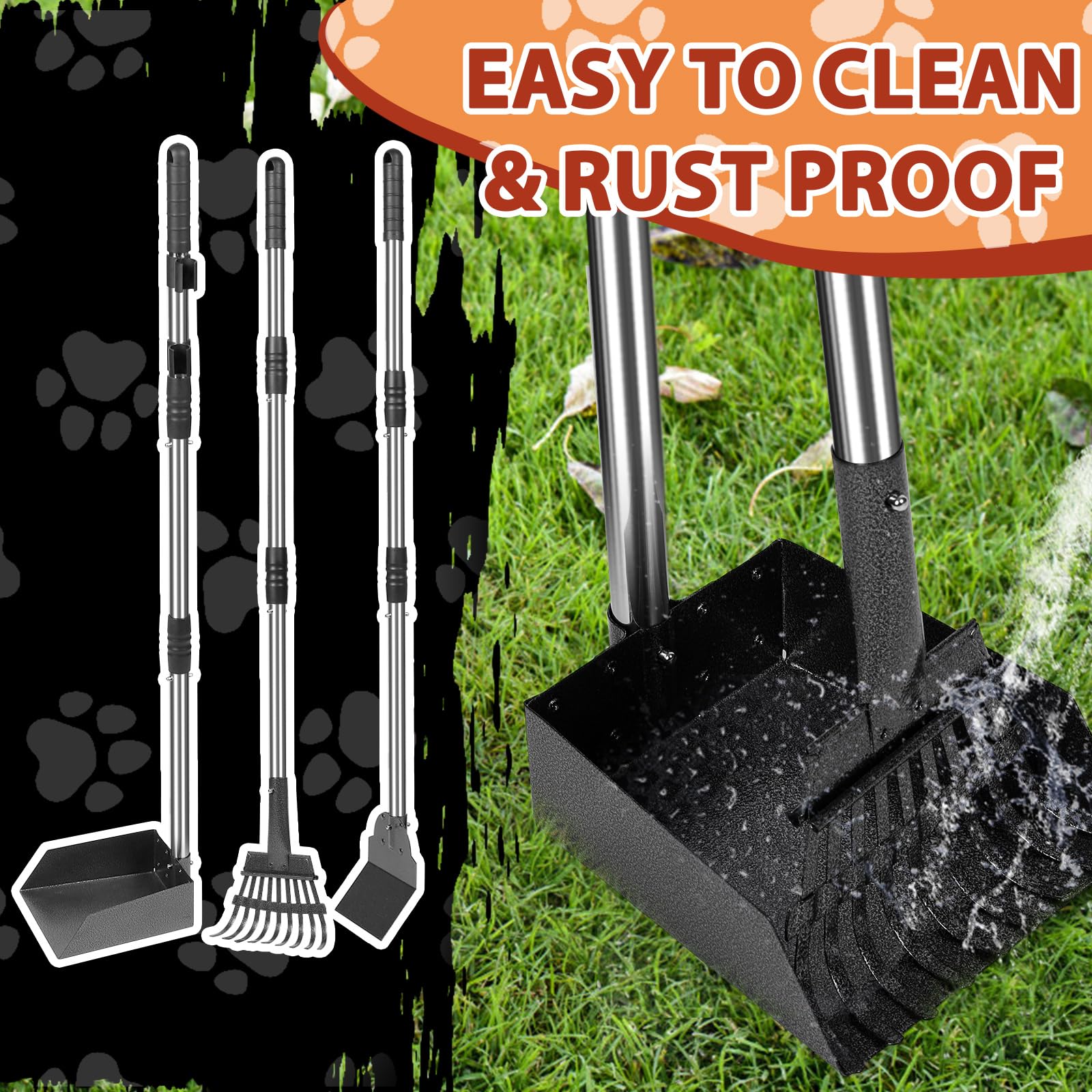 Recogedor de Excrementos para Perros – Mango Largo de 96CM con Bandeja, Rastrillo y Pala – Set de Acero Desmontable para Perros Grandes, Medianos y Pequeños – para Jardín, Césped o Grava