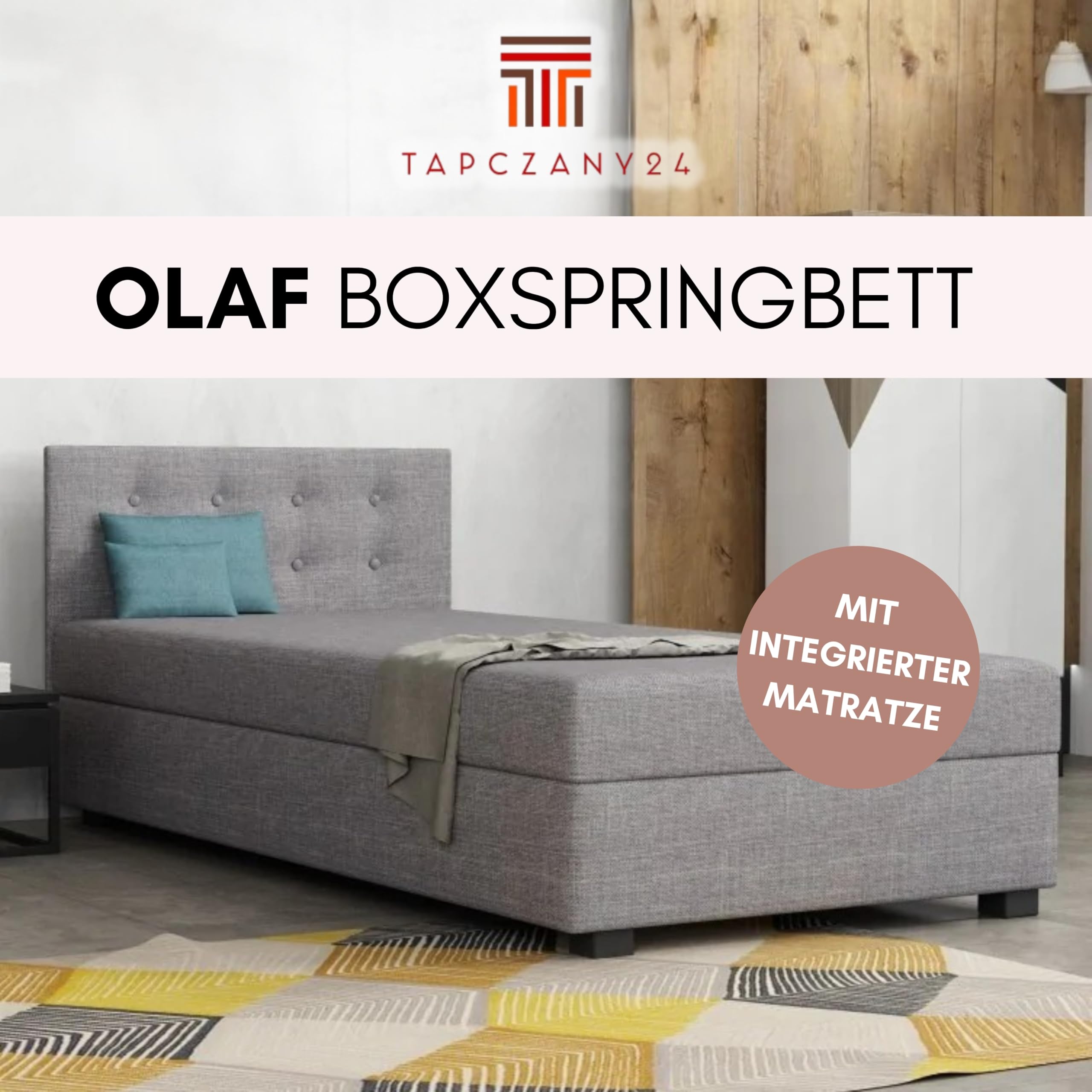 Boxspringbett Olaf 80x200x38 cm mit Schaumstoff Matratze, Bett mit Matratze, Polsterbett mit Bettkasten, Gepolstertes Einzel Bett, Schlafsofa - Biskuitbeige