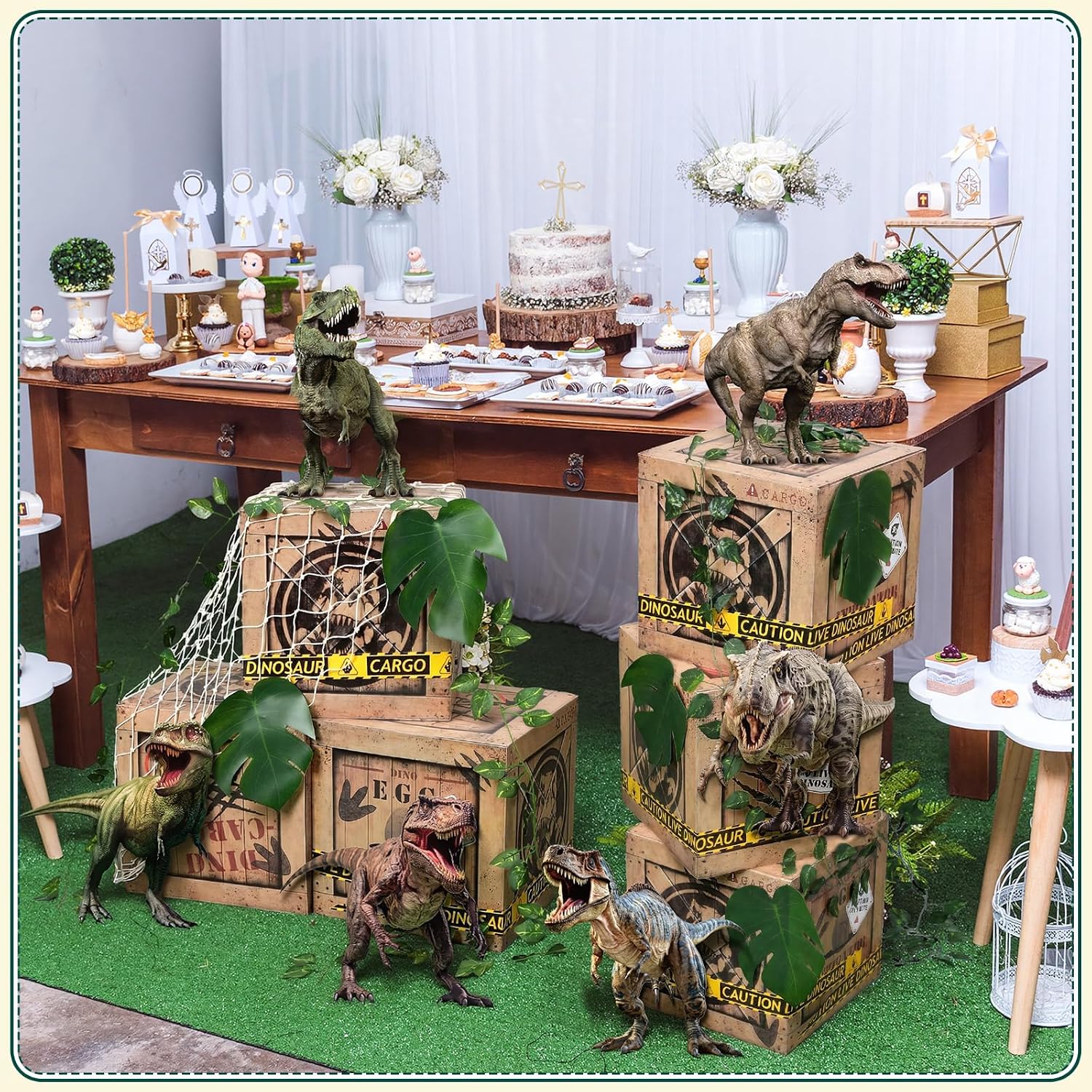 21 Pcs Dinosaur Party Decorations 12 x 12 x 12 Inch Dinosaur Theme Boxes Dino Table Centerpieces Dino Cardboard Palm Leaf Artificial Rattan Net for Birthday Party Supplies Decor