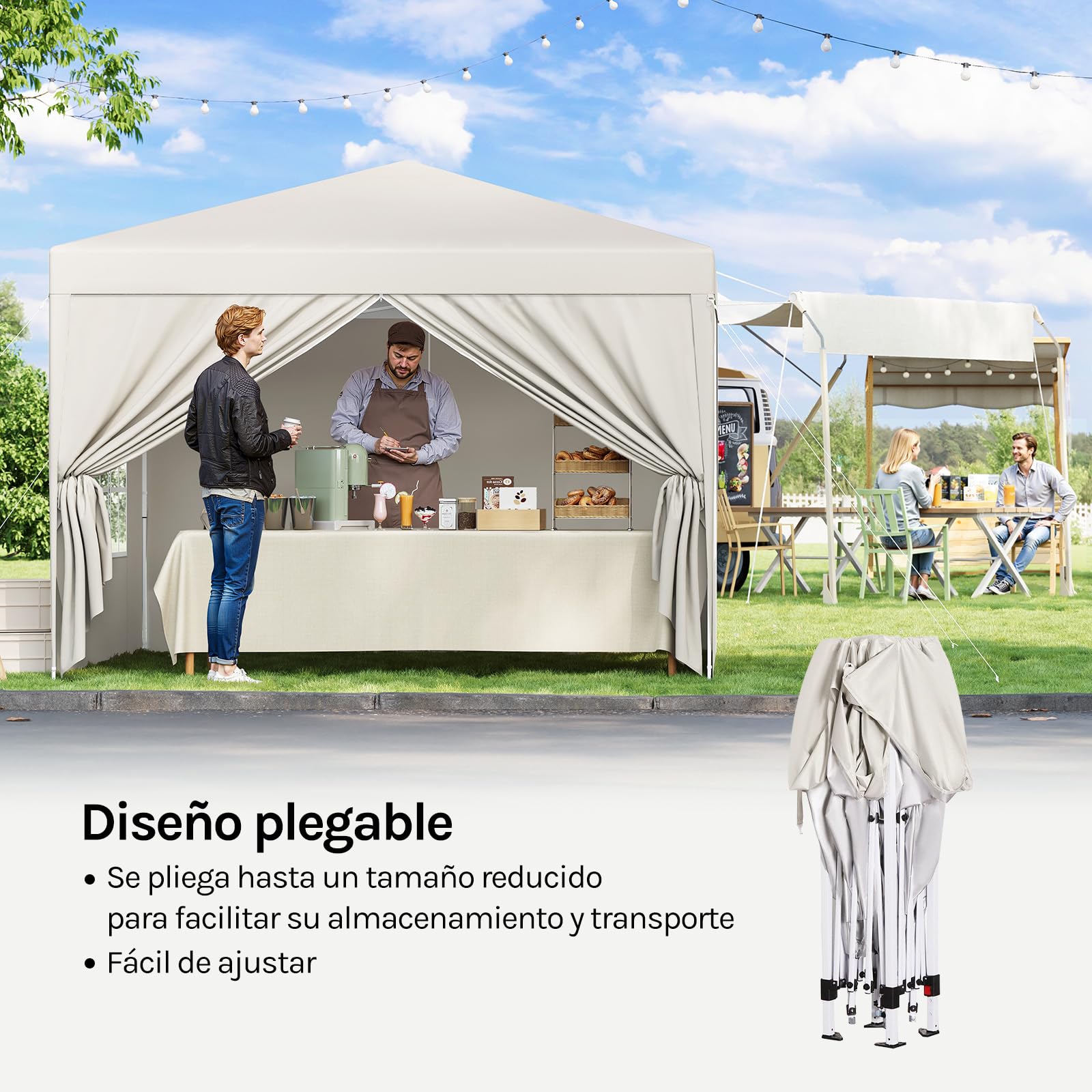 WOLTU Pabellón de Jardín Cenador Pérgola con Diseño Pop Up Carpa con Cubierta Tela Oxford Hecho de Tubos Metálicos, para Camping y Playa, Blanco, Beis