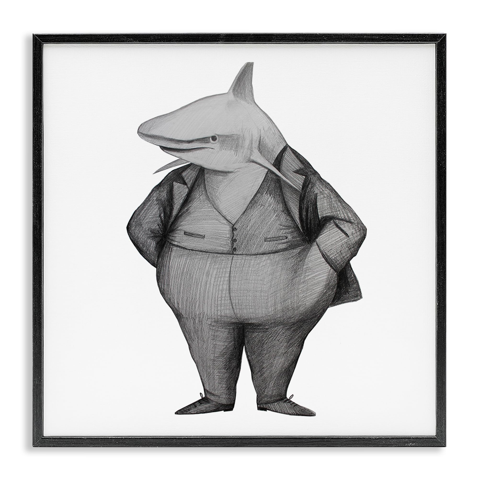 Stupell Industries Midnight Black (Textured) Shark In Suit Humor Drawing, 17 X 17 Inch Framed Giclée Print