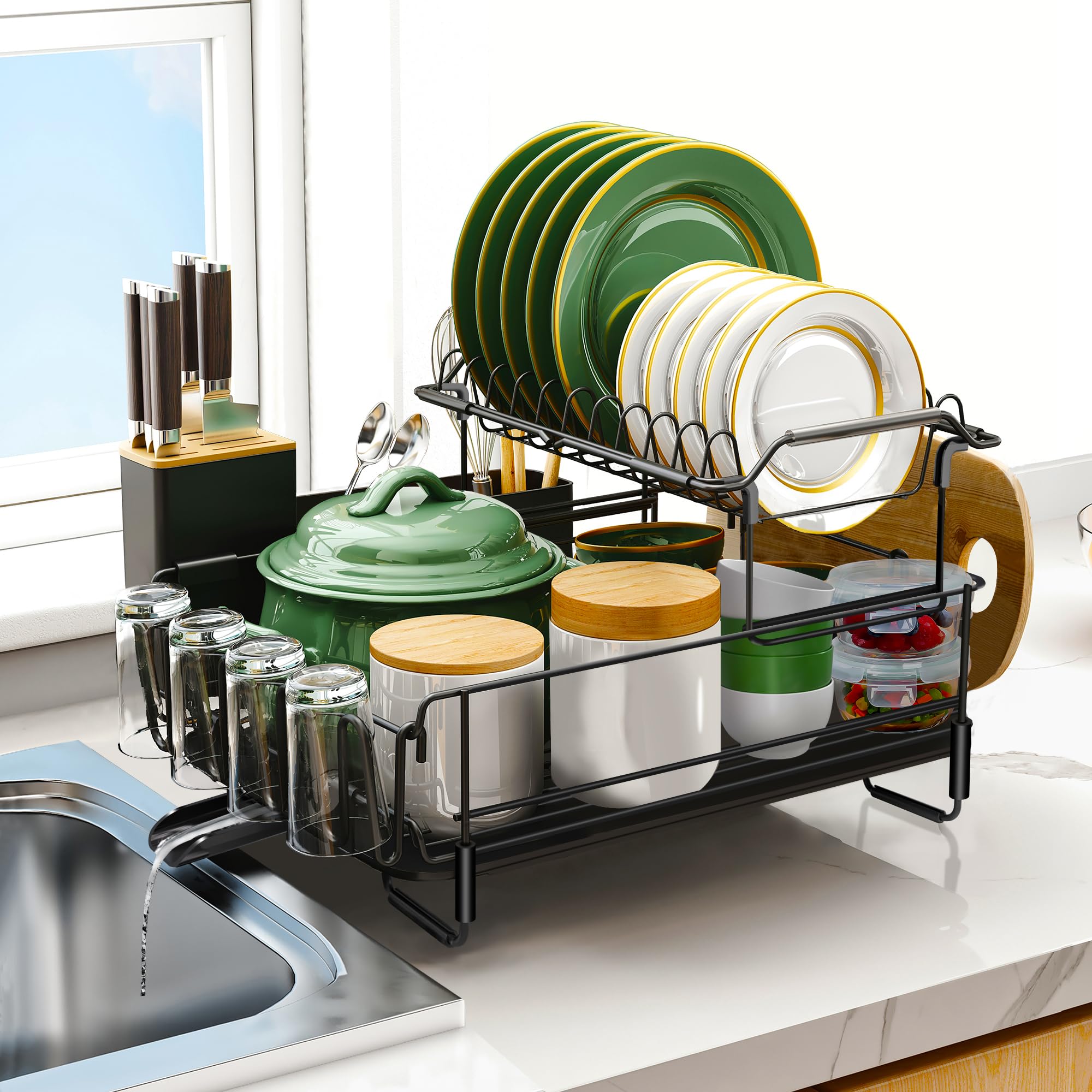 Runnatal 2-Tier Dish Drying Rack with Drainboard Set, Stainless Steel Detachable 2-in-1 Large-Capacity 2-Tier Over The Sink Anti-Rust Dish Rack and Dish Drainer for All Kitchen