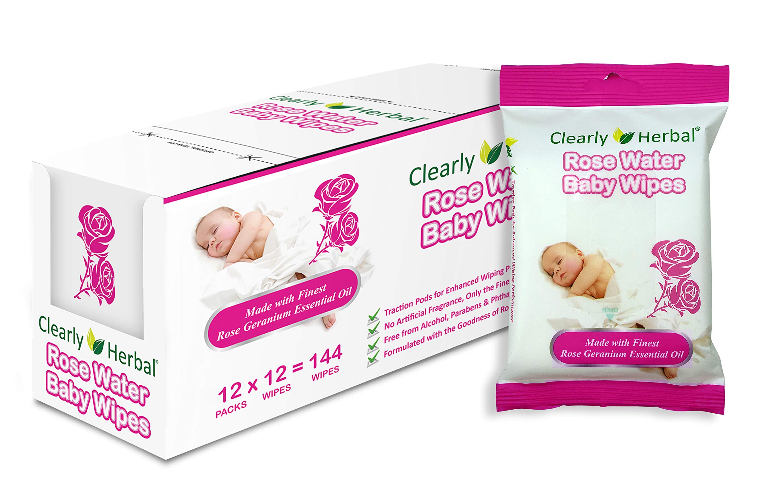 Clearly Herbal Gentle Rose Water Baby Wipes (12 Go Packs, 12 wipes per pack )