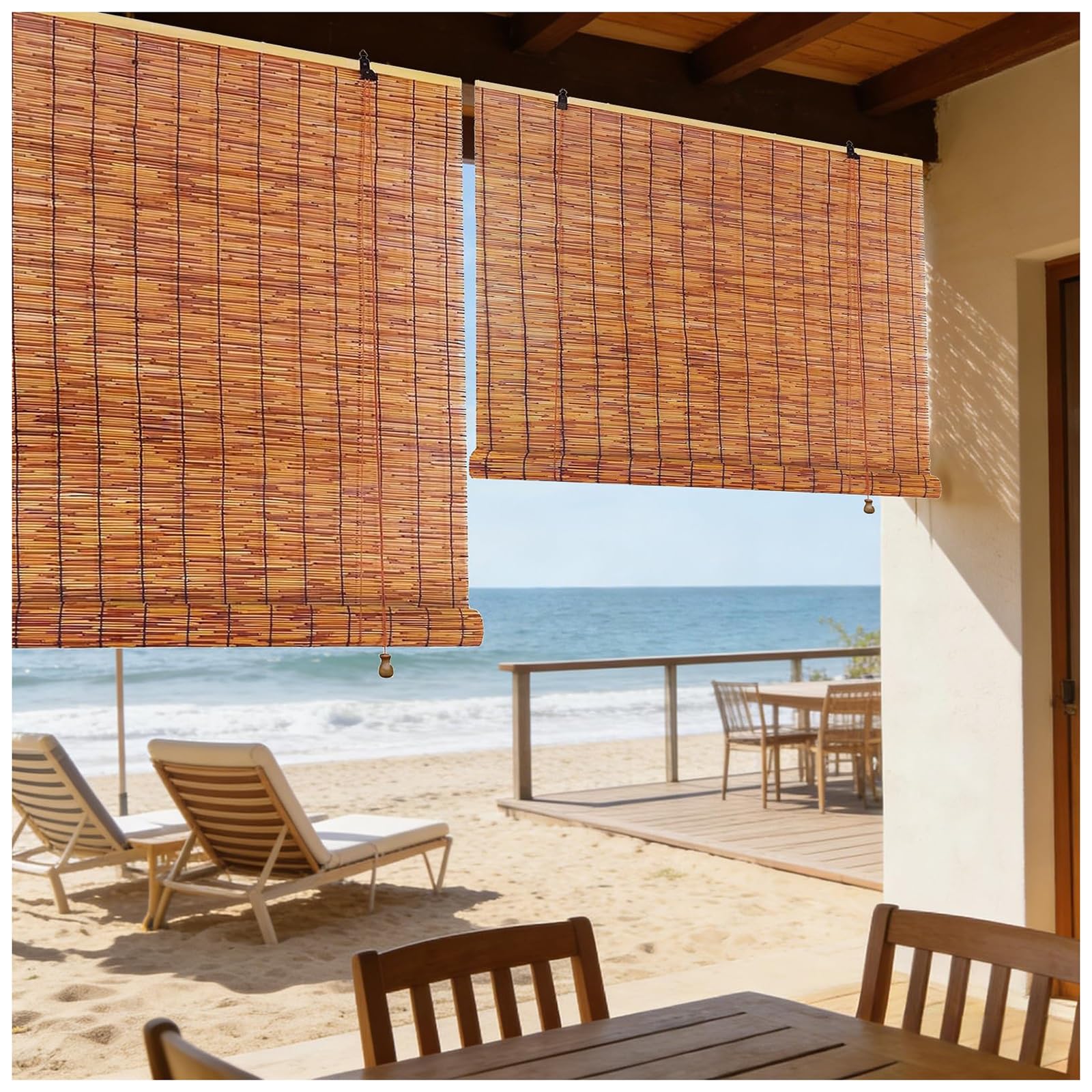 CMJYMX Outdoor Reed Shades, 20" 32" 44" 56" 60" Retro Bamboo Roller Blinds For Porch Pergola Partition Decoration Privacy, Waterproof Roman Blinds - Easy To Install(150x150CM/59x59IN(WxH))