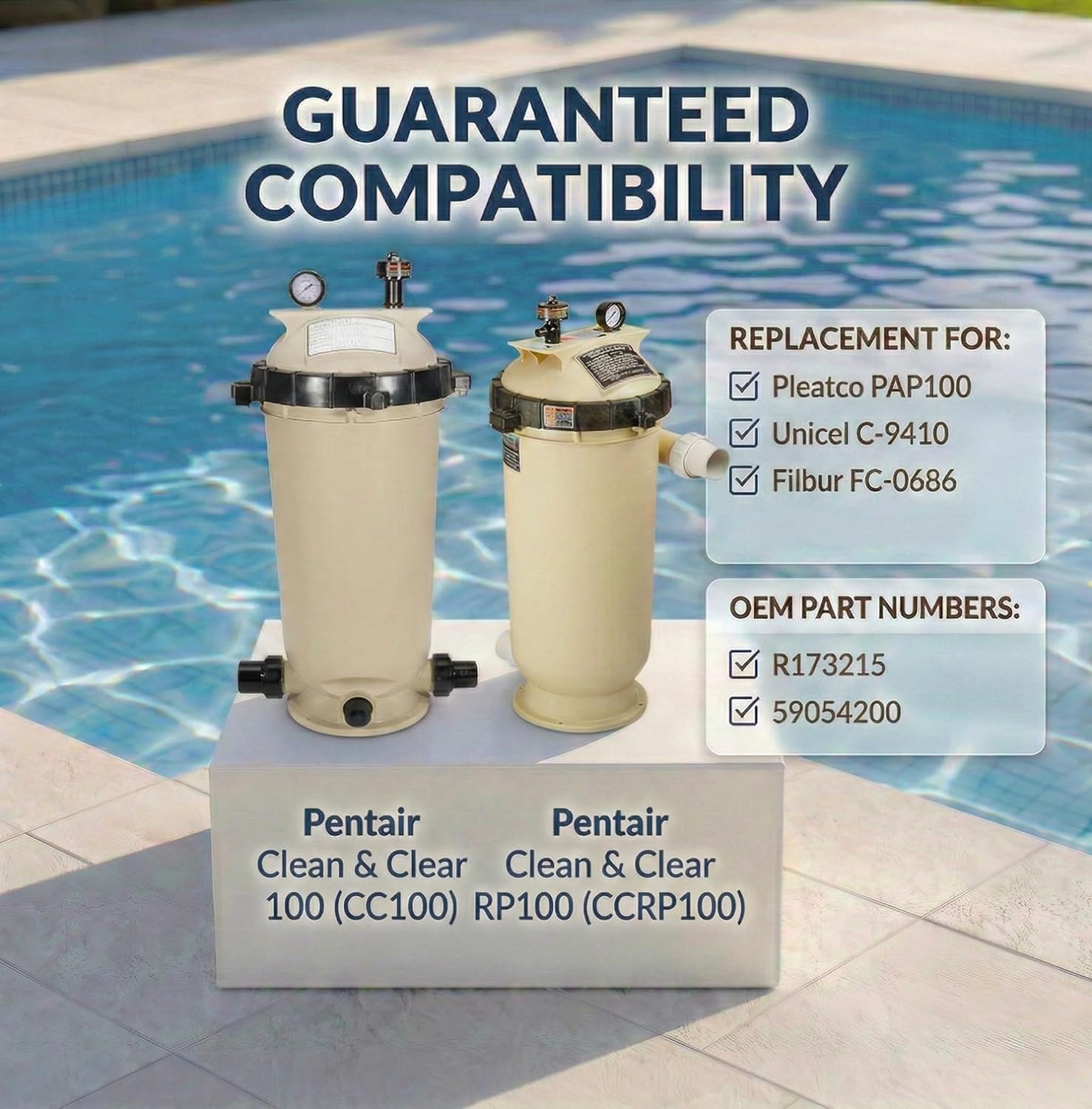 CC100 Pool Filter Cartridge, Compatible with Pentair Clean & Clear 100, CC100, R173215, Pleatco PAP100, Unicel C-9410, Filbur FC-0686, 100 sq. ft Cartridge, 23-5/8" x 10-1/16" (L x OD)