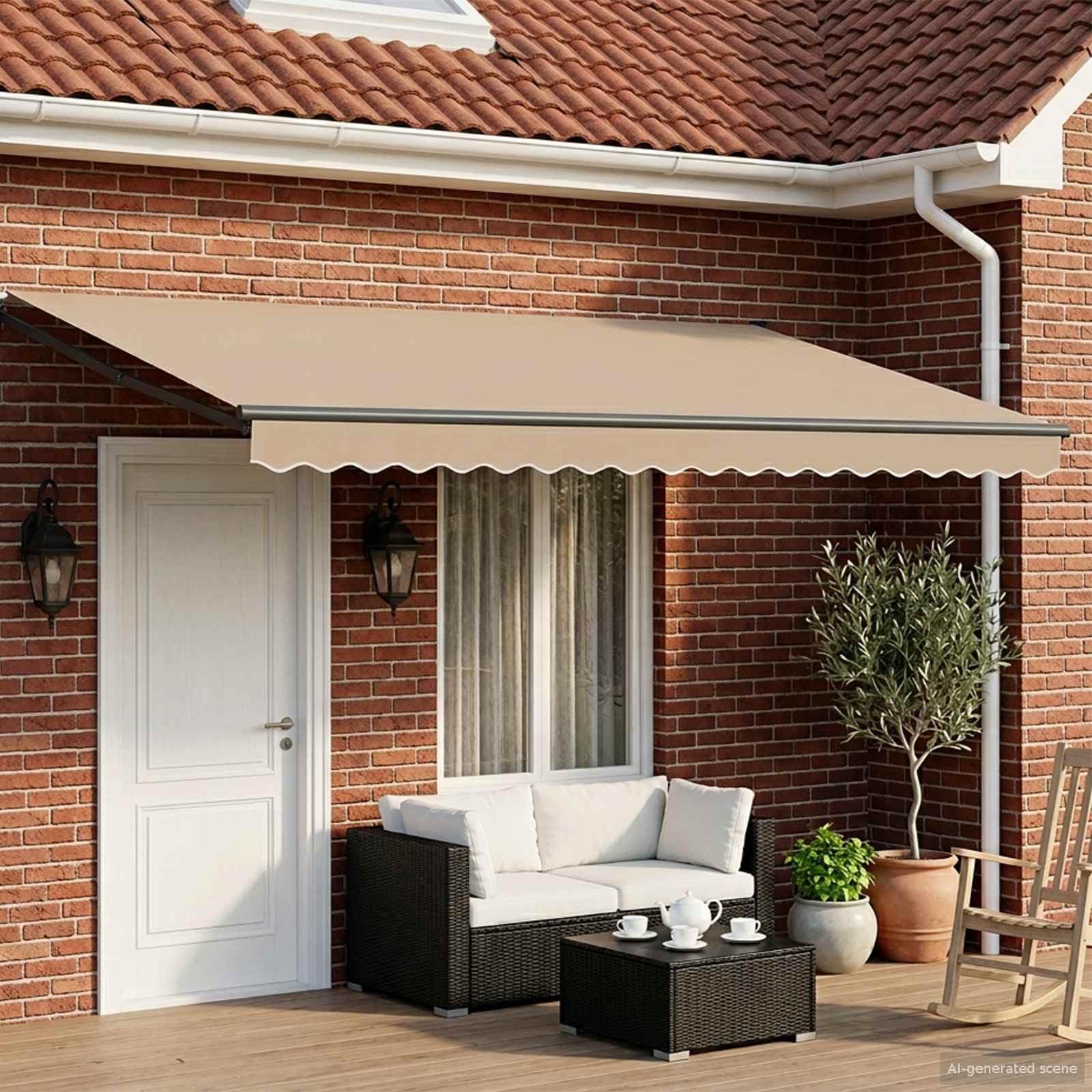Store rétractable Manuel avec LEDs solaires 4 x 3 m Beige et Anthracite, auvent banne extérieur Enrouleur pour pergola terrasse Jardin, Ombre et éclairage Le Soir