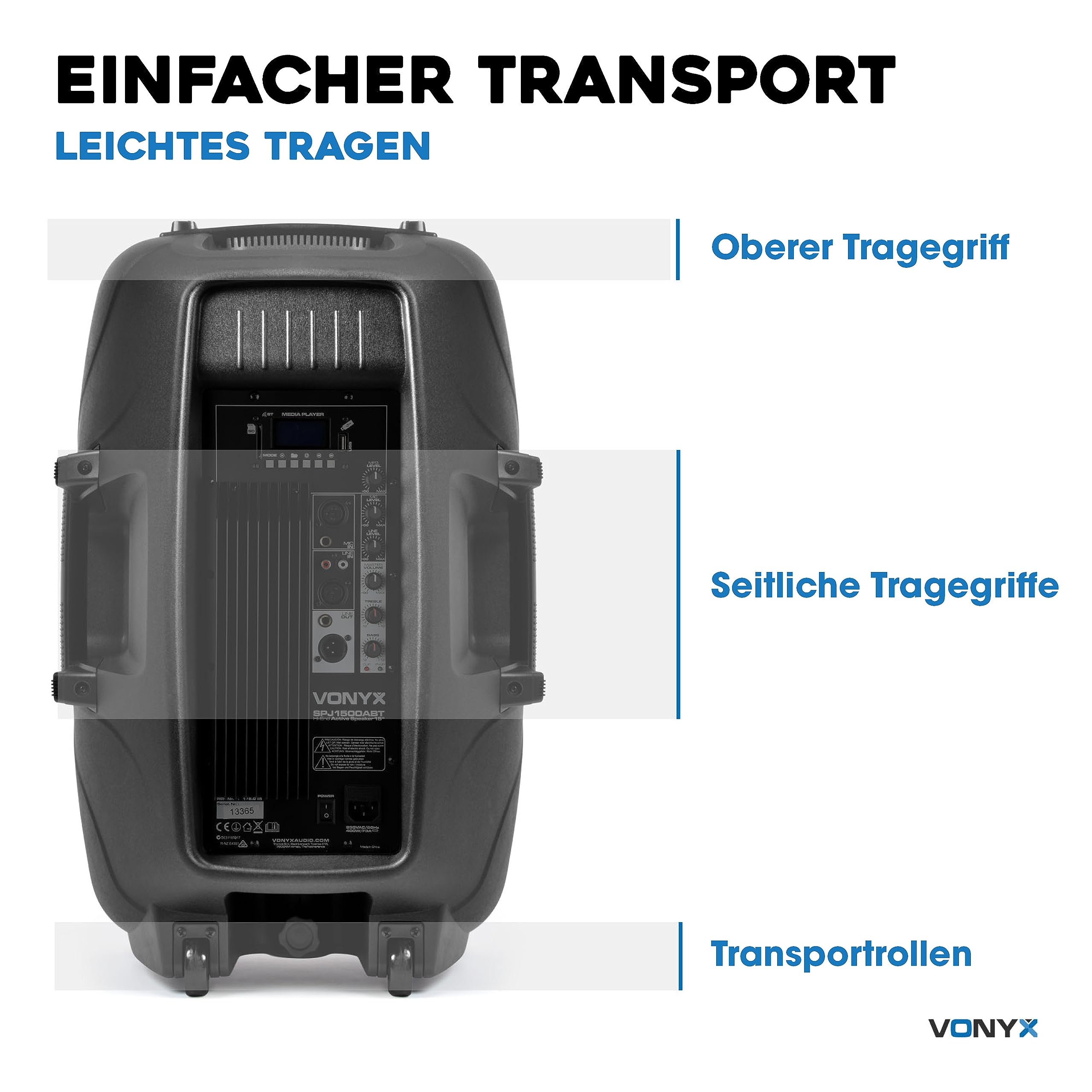 Vonyx SPJ-1500ABT MP3, PA Aktiv Lautsprecher, DJ Box, 800 Watt 15 Zoll High End Aktivpeaker, MP3-Player, Rollen, Fernbedienung, Bluetooth, USB, DMX, Cinch, PA-Speaker, Monitor Boxen, Karaoke, Schwarz