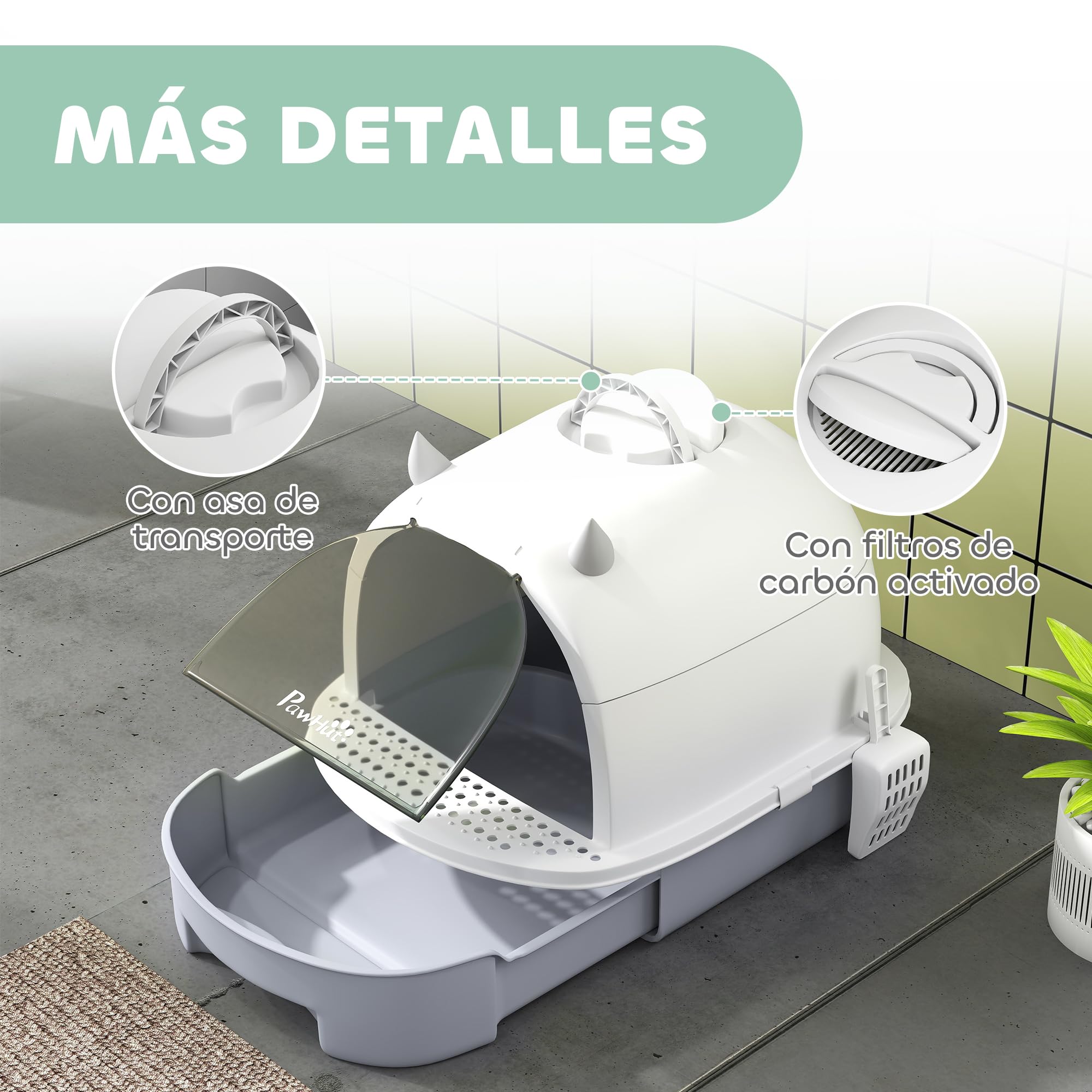 PawHut Arenero para Gatos Cubierto con Pala 40,5x52x39 cm Blanco y Gris | Caja de Arena para Gatos, Arenero Cerrado, Tapa Removible, Bandeja Extraíble, Filtro de Carbono, Asa Superior