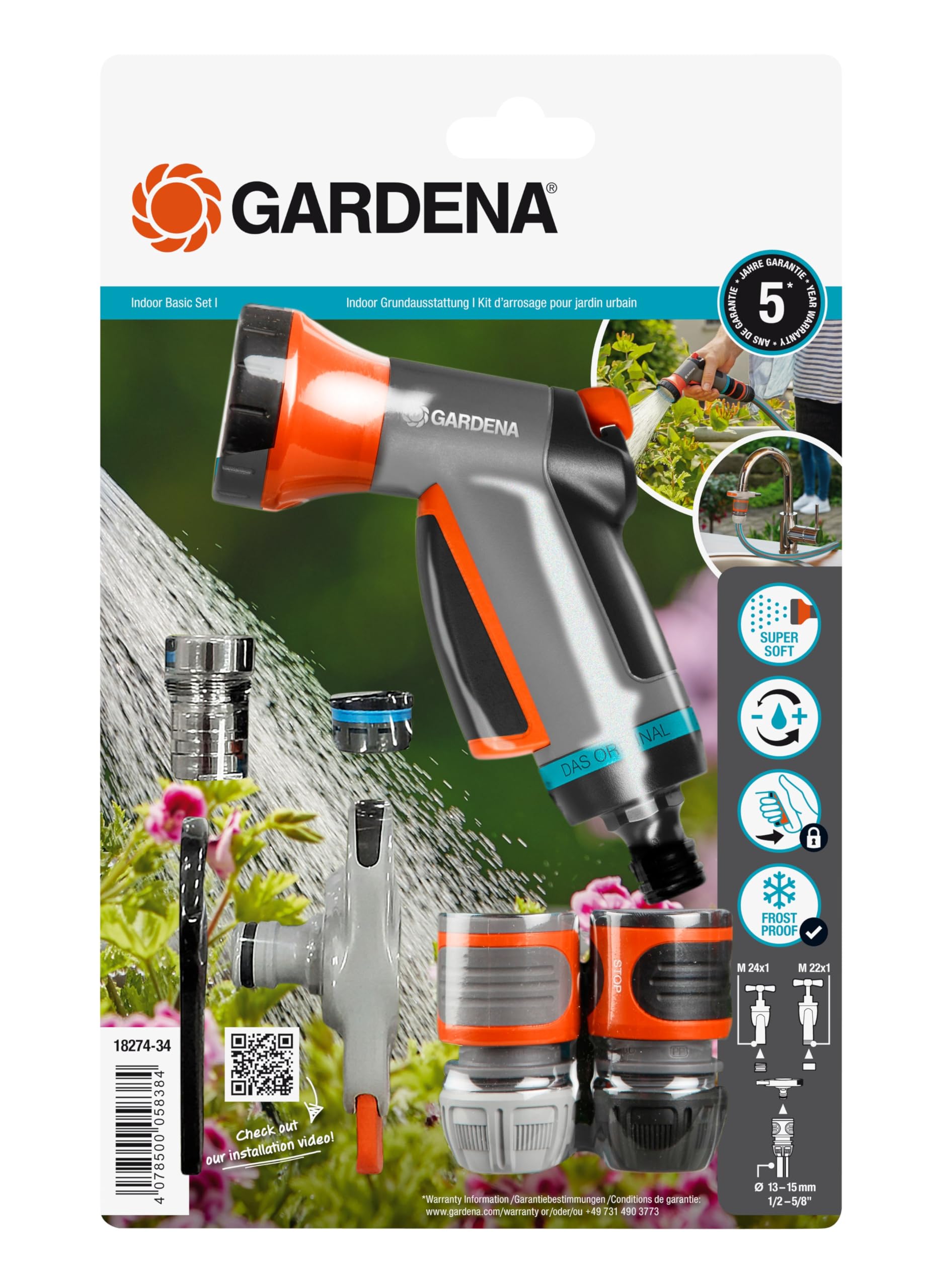 Gardena Attrezzatura di base per interni: set di base composto da raccordo per rubinetto interno, raccordo per tubo flessibile, rubinetto di arresto dell'acqua e doccia da balcone